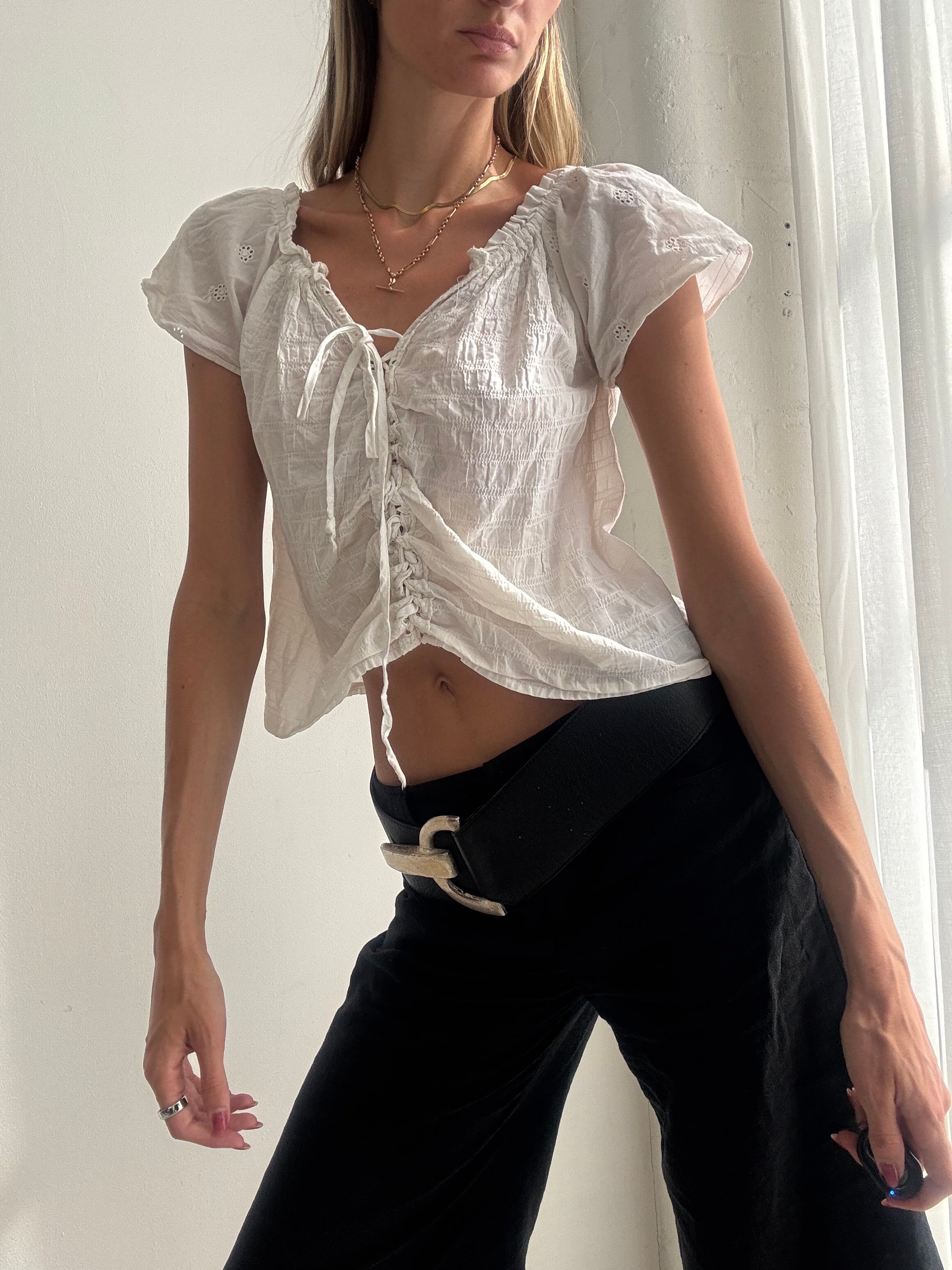 Vintage Y2K White Ruched Romantic Cotton Blouse - Size S