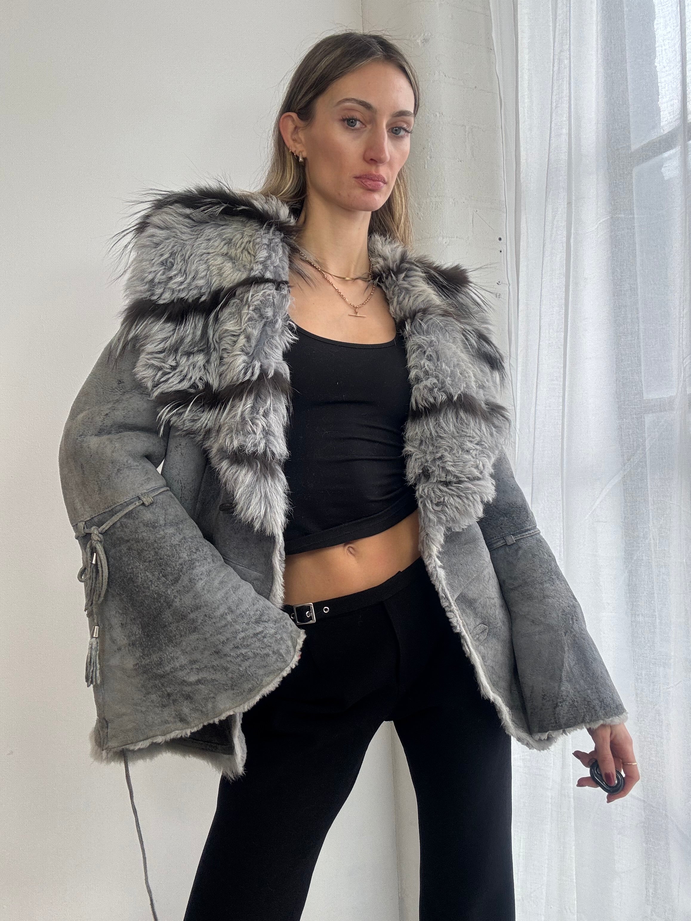 Vintage Y2K dusky blue afghan suede & fur coat