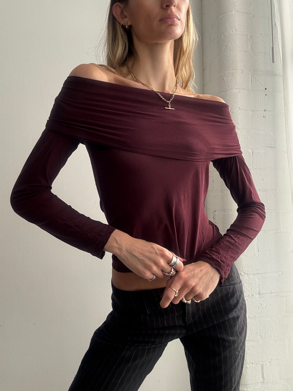 Vintage Y2K burgundy mesh off the shoulder long sleeve top