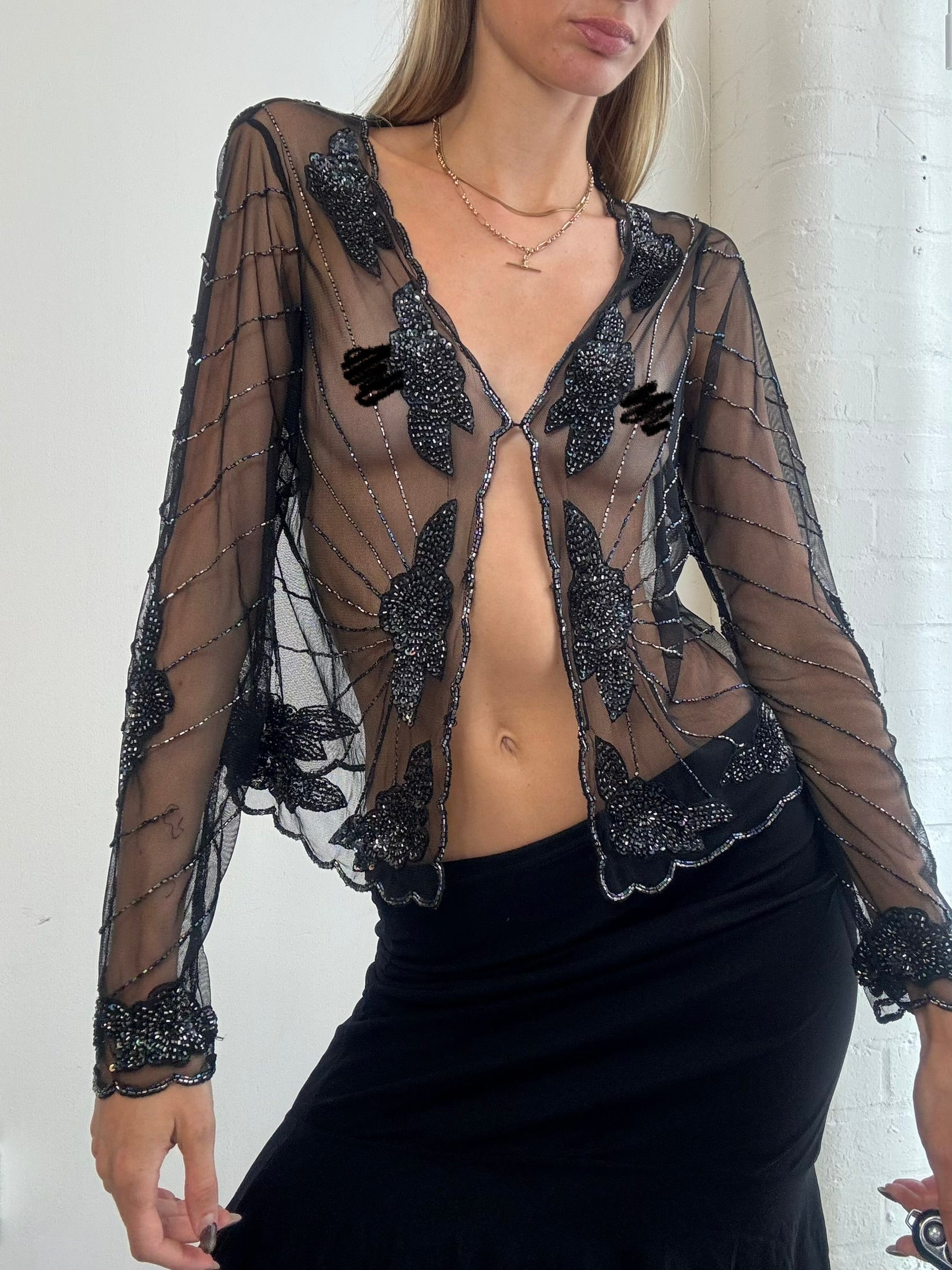 Vintage Y2K sheer black beaded mesh cardigan - Size M