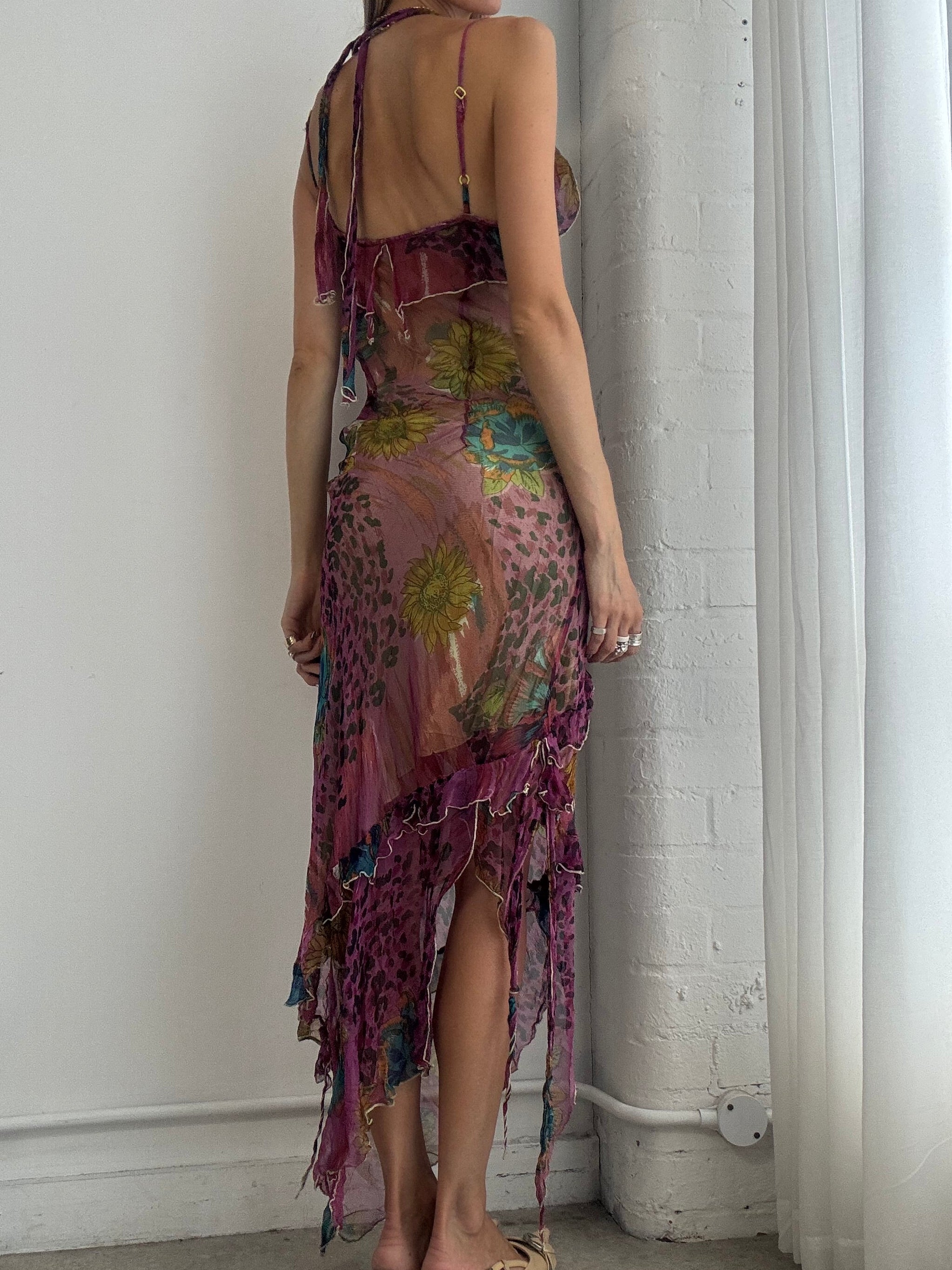 Vintage Y2K Floral Mesh Asymmetric Maxi Dress – Fairy Grunge Sheer Slip Dress - Size M