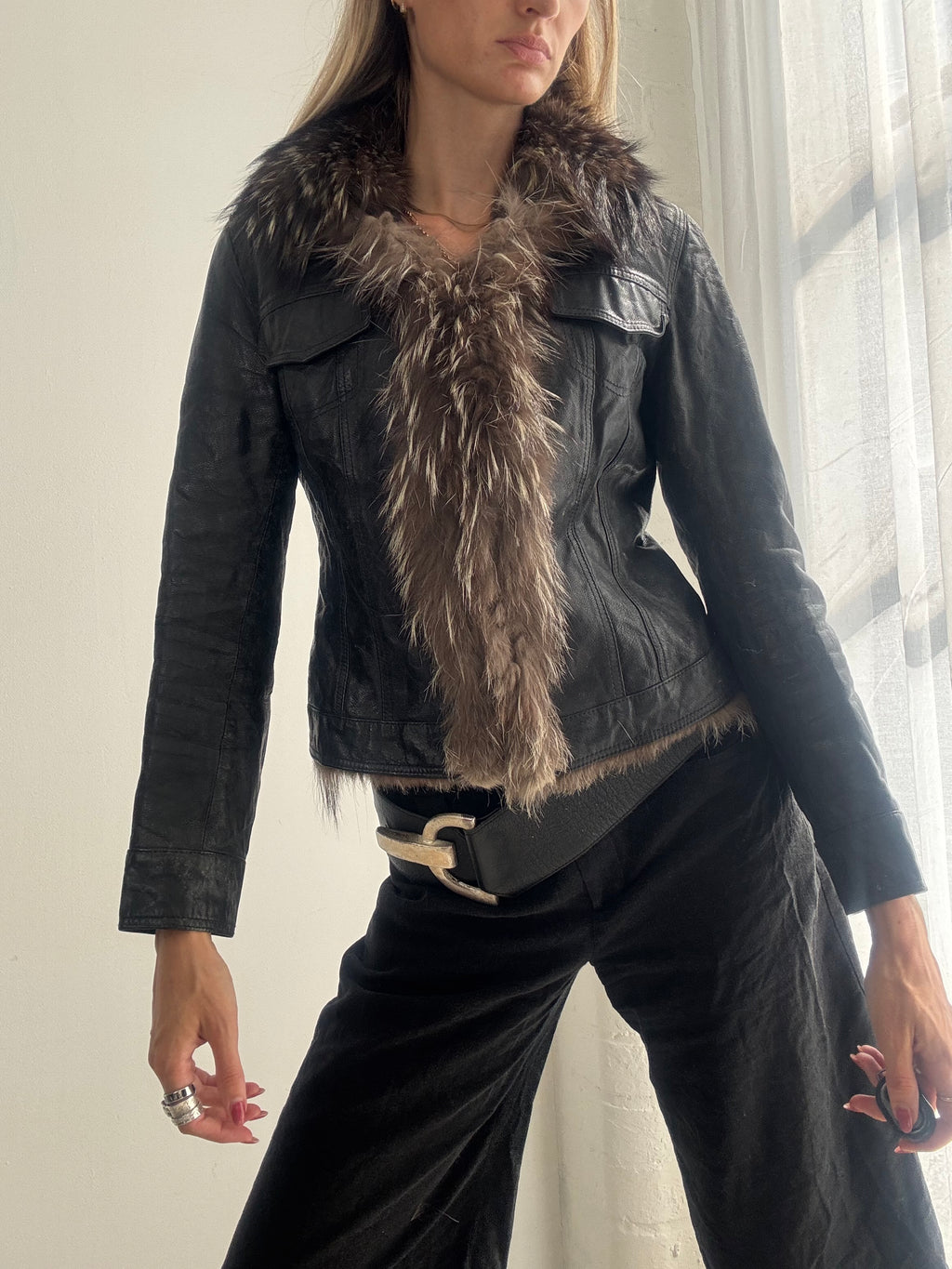 Vintage Y2K Black Leather Fox Fur Trim Afghan Jacket - Size XS