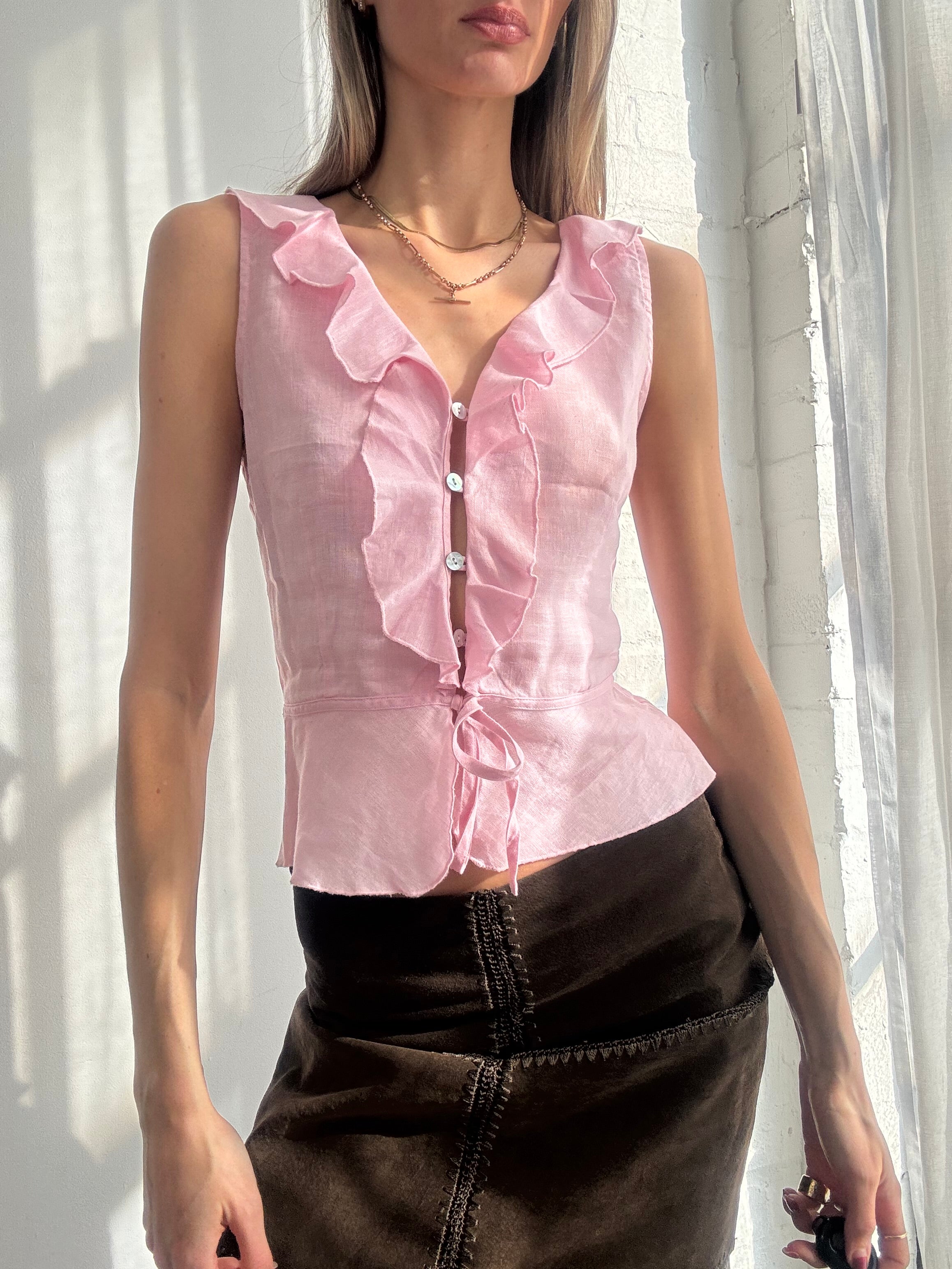 Vintage Y2K pink ruffle front sleeveless blouse