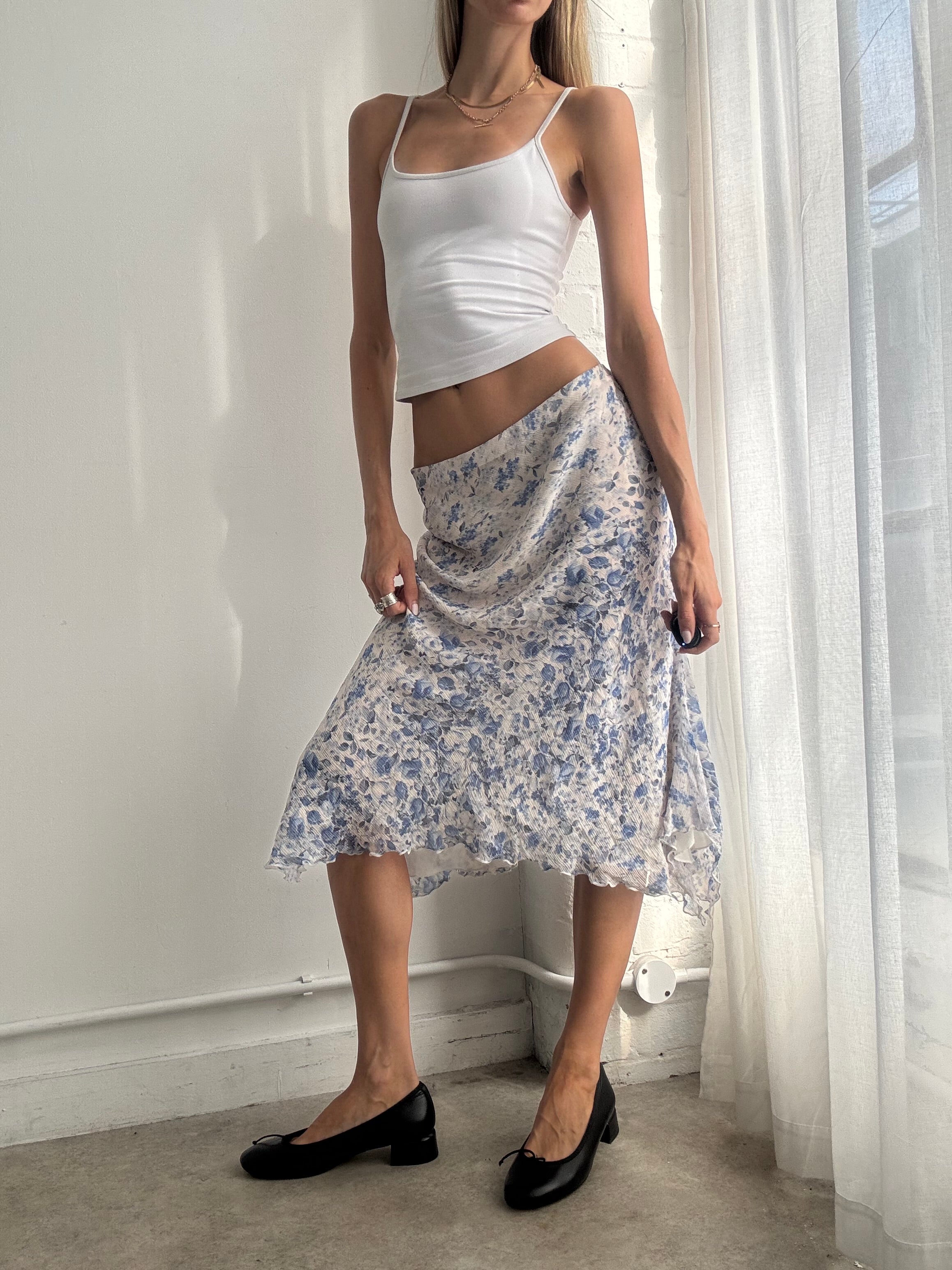 Vintage Y2K Blue Floral Bias Asymmetric Midi Skirt - Size M/L
