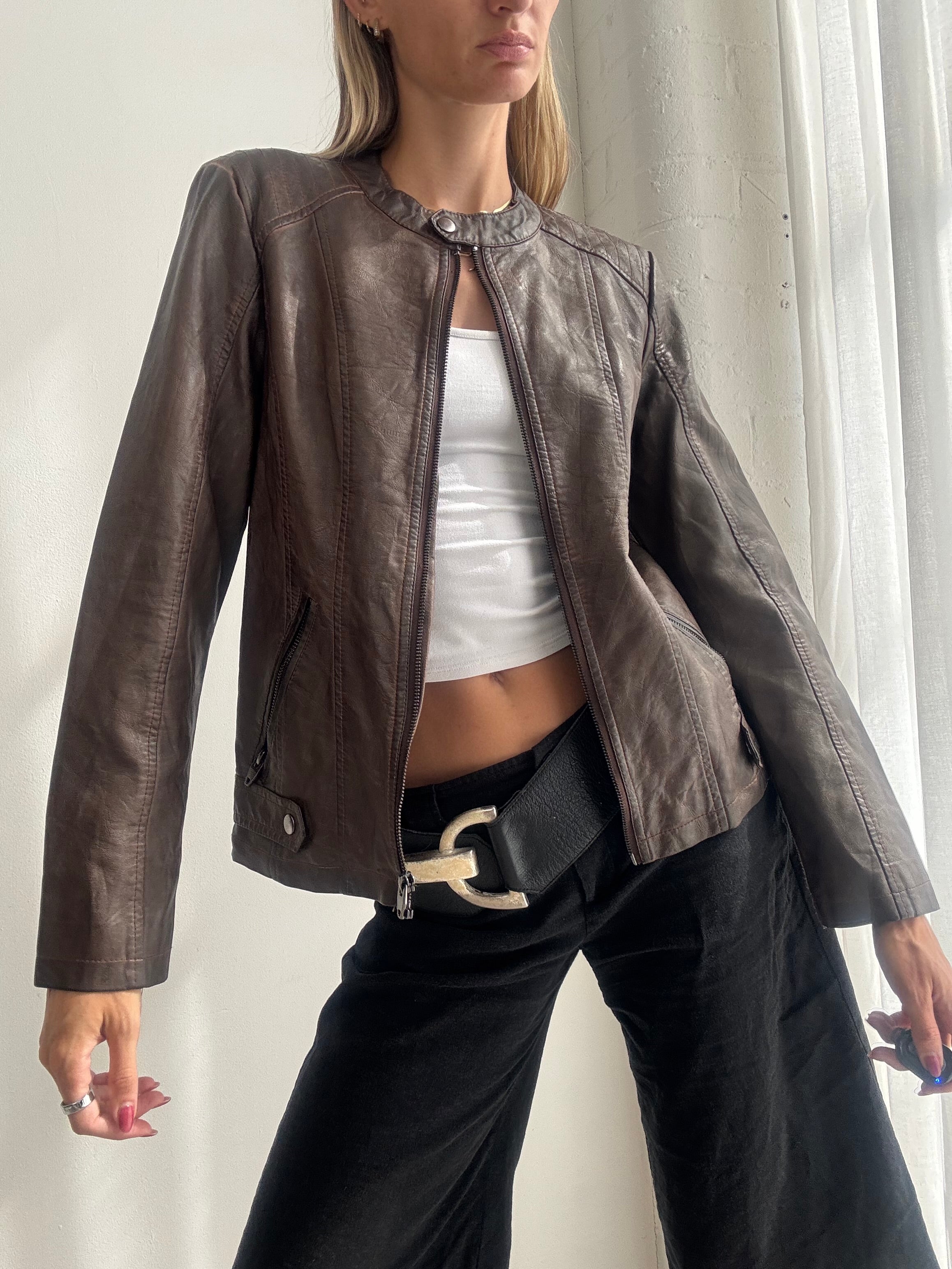Vintage Y2K Chocolate Brown Faux Leather Biker Jacket - Size M