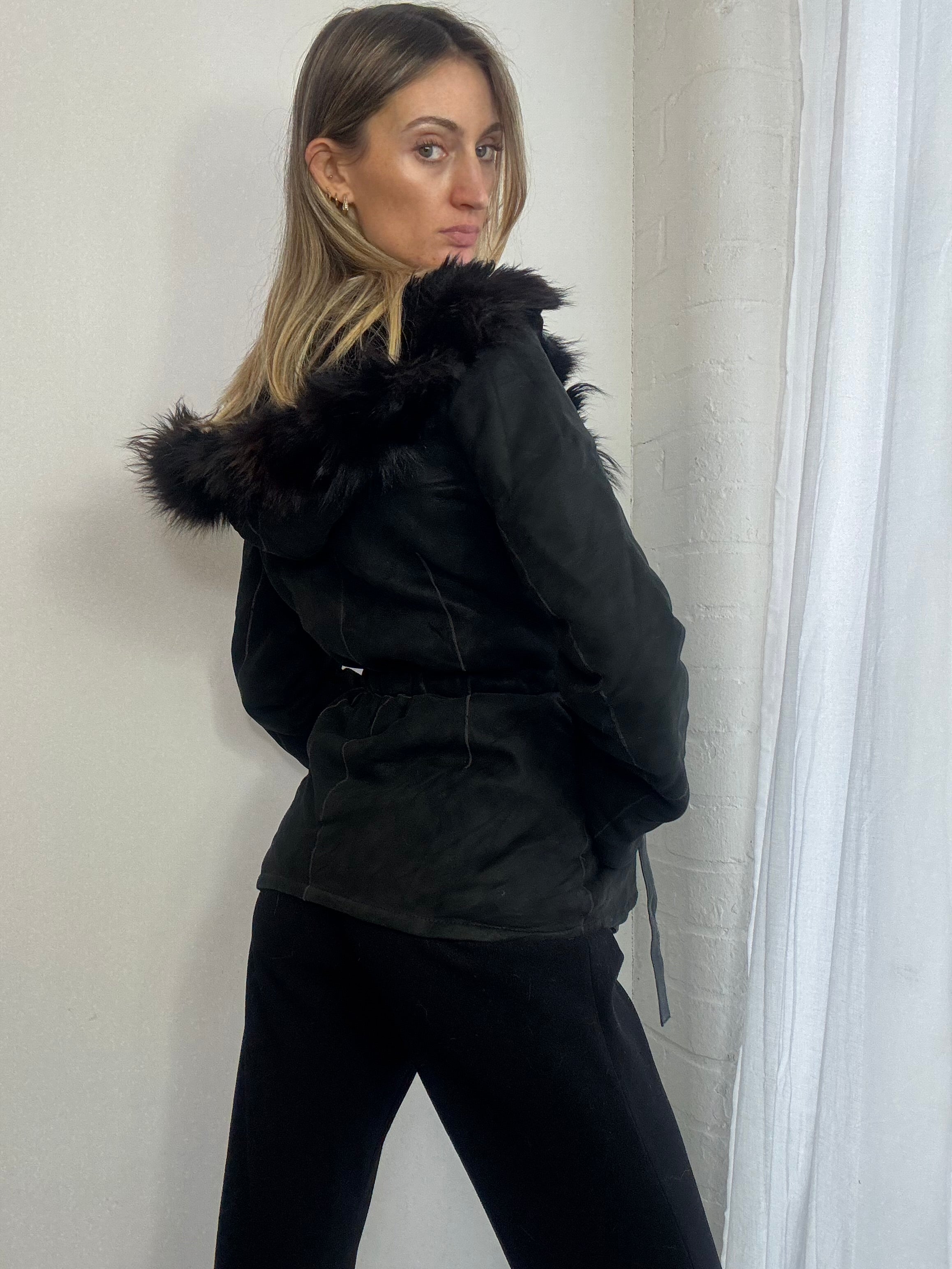 Vintage Y2K black suede sheepskin hooded coat fur trim