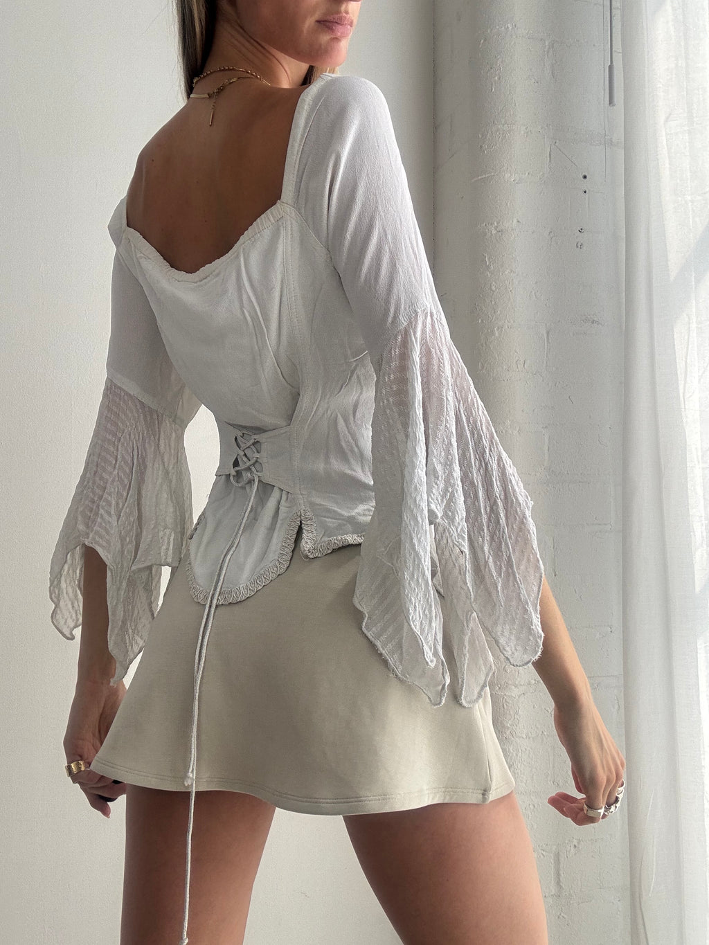 Vintage White Boho Peasant Blouse Y2K Fairy Grunge - Size L