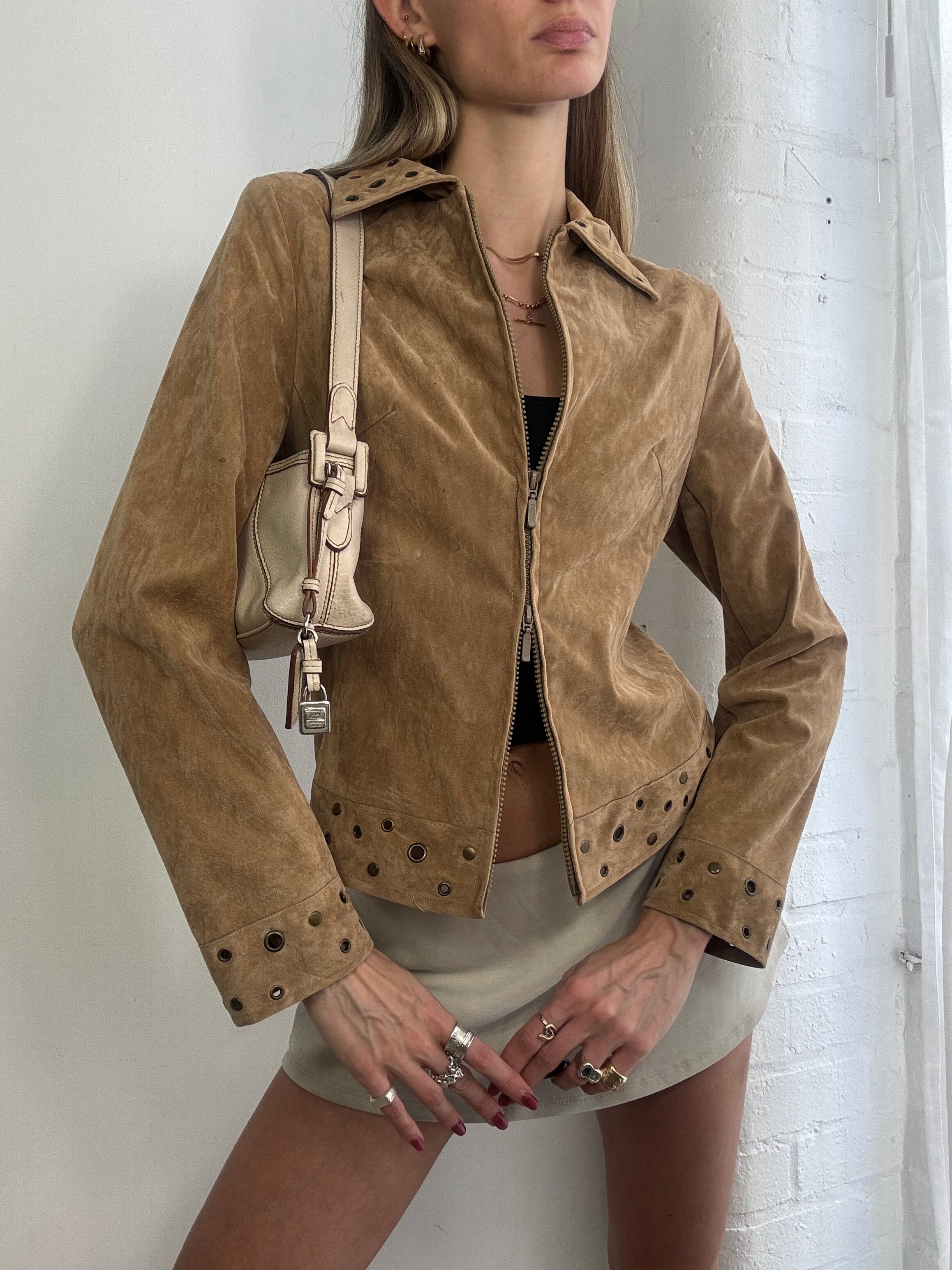 Vintage Y2K tan faux suede studded jacket
