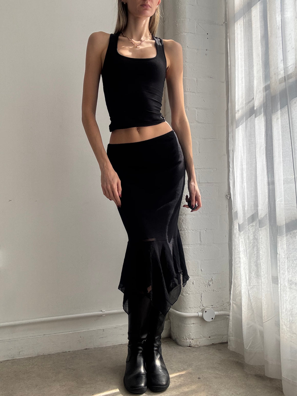 Vintage Y2k black mesh asymmetric midi skirt