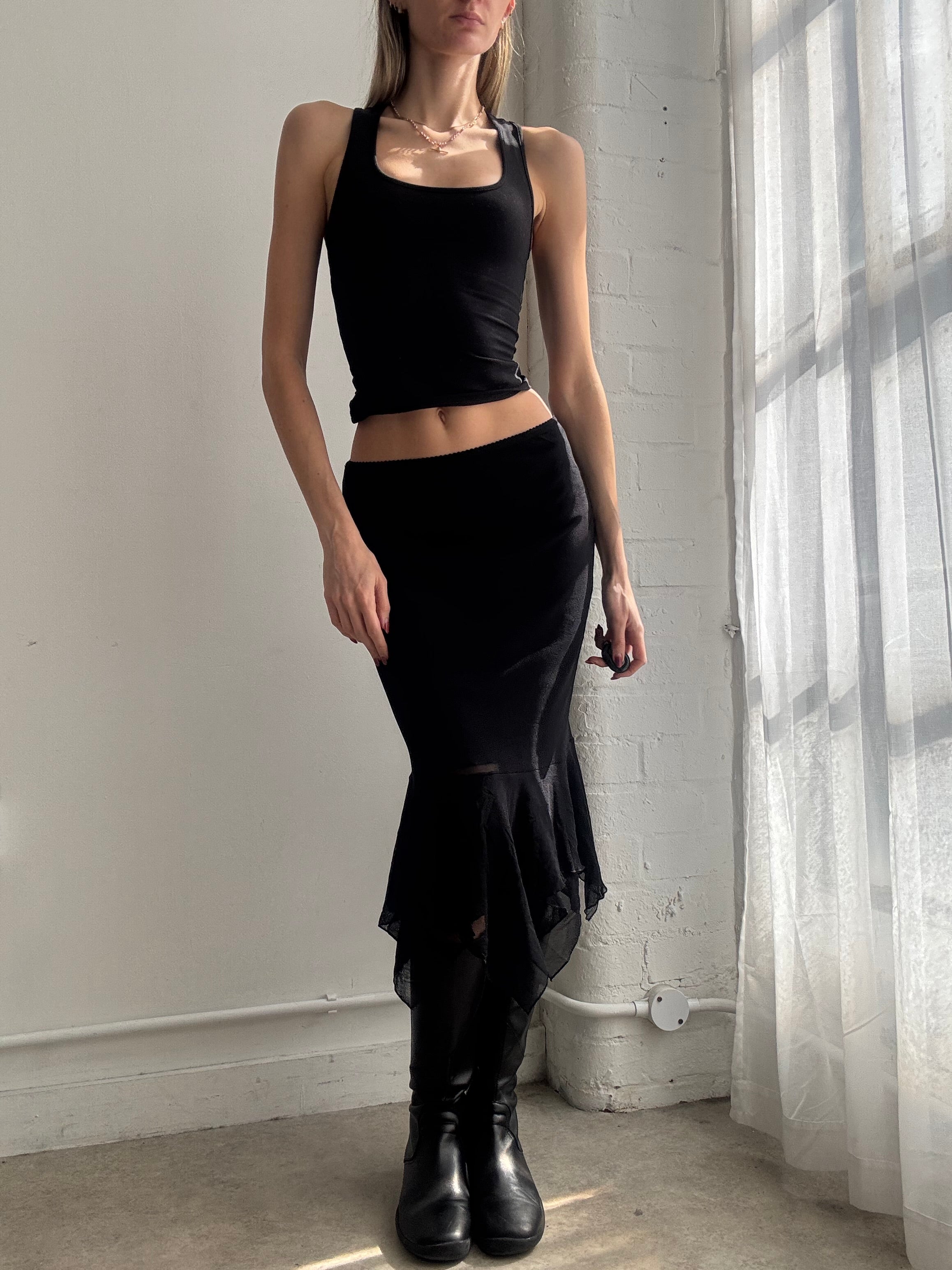 Vintage Y2k black mesh asymmetric midi skirt