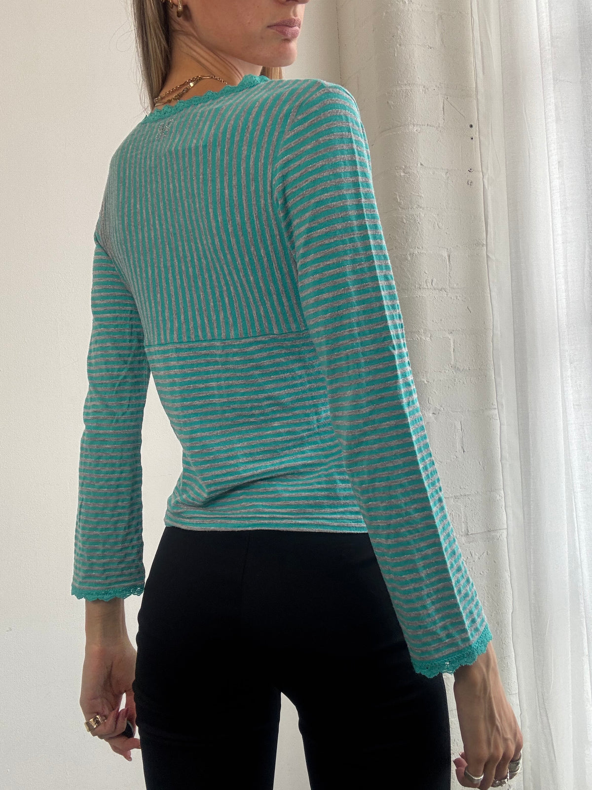 Vintage Y2K Turquoise Striped Lace Trim V Neck Top - Size M