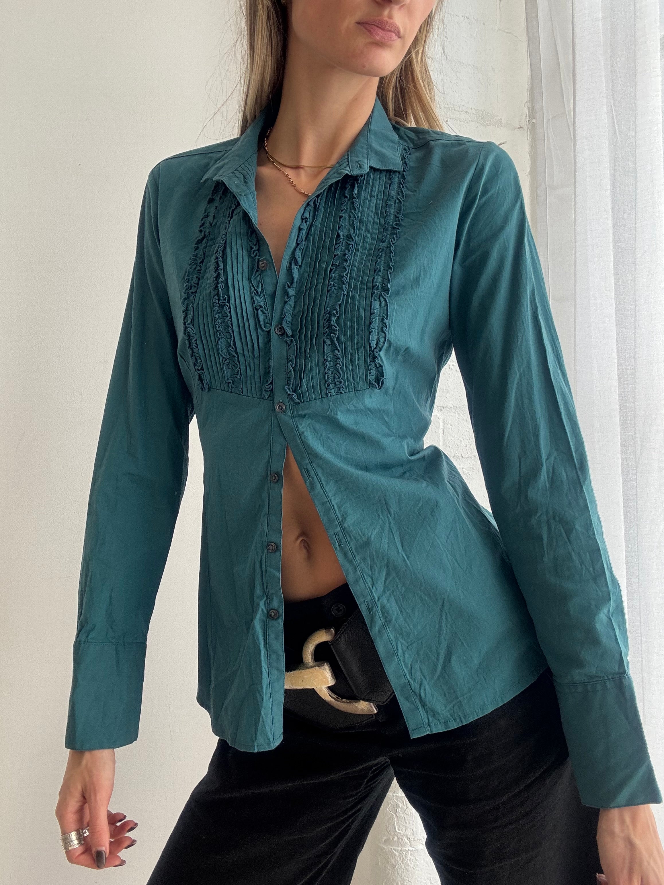 Vintage teal ruffle detail fitted blouse - Size S