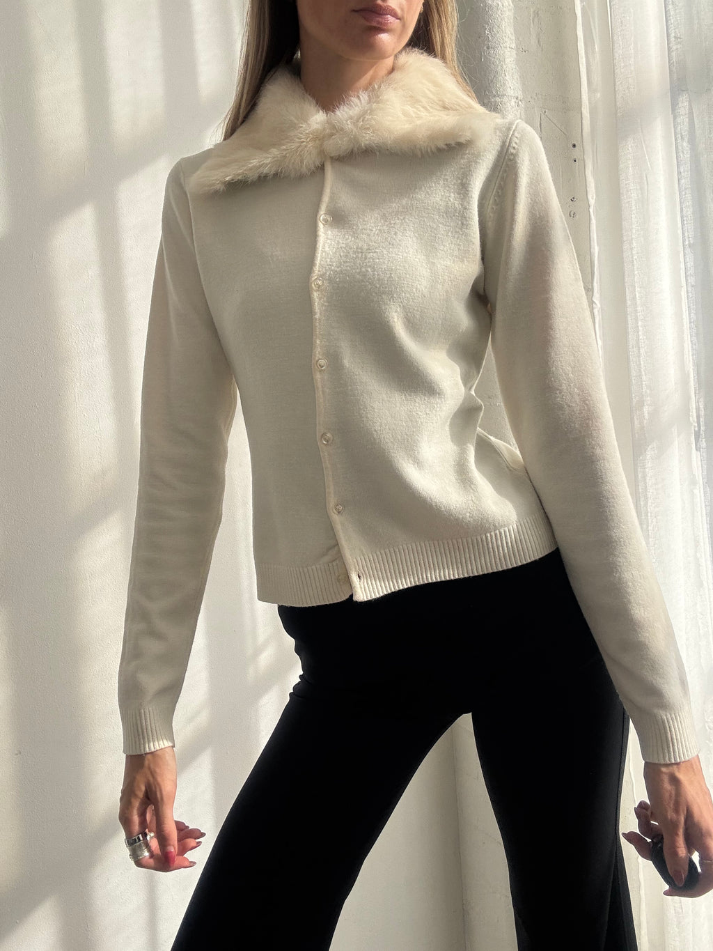 Vintage Y2K Cream Rabbit Fur Collar Knit Cardigan - Size S