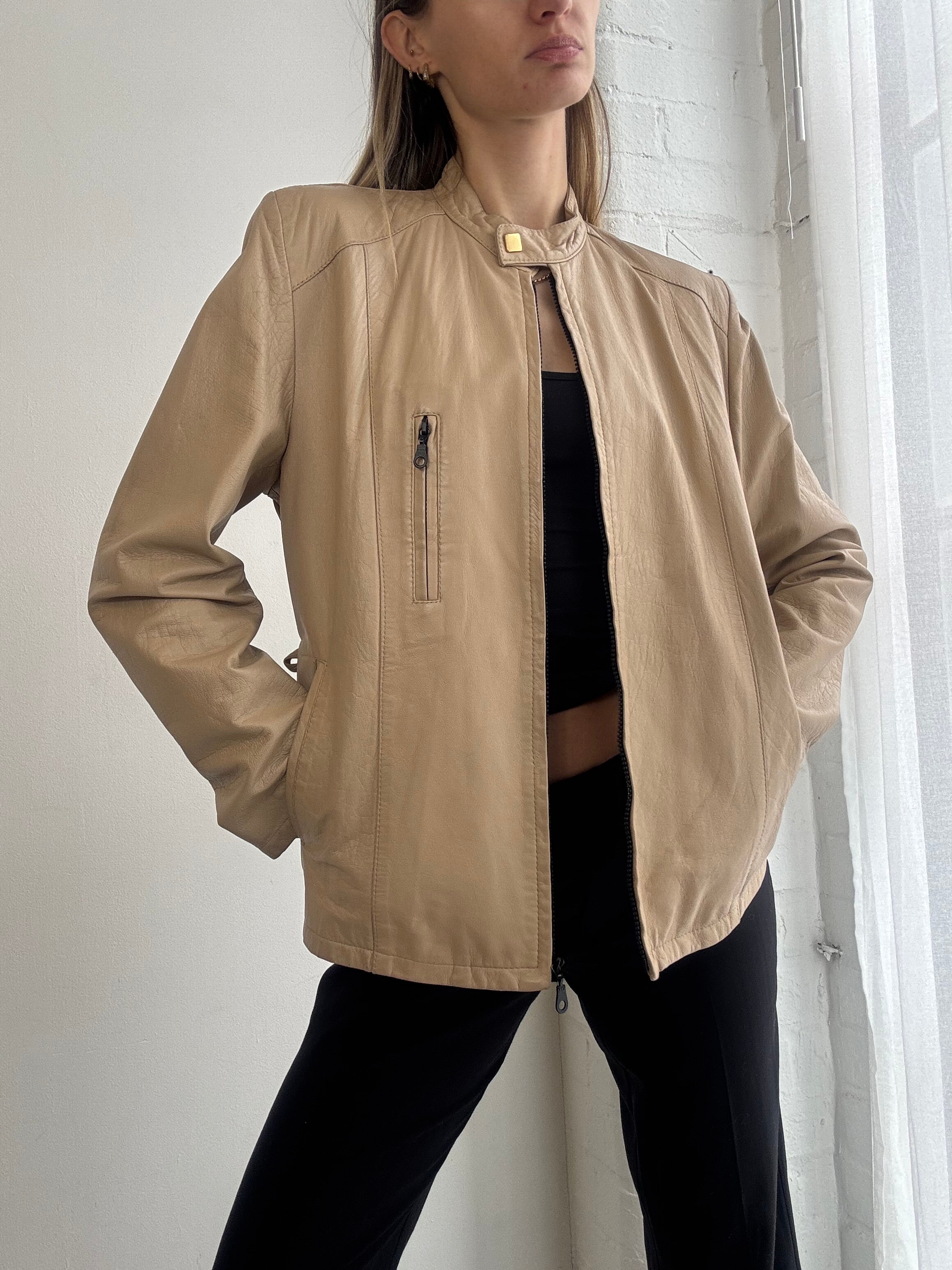 Vintage Y2K tan leather biker-style jacket