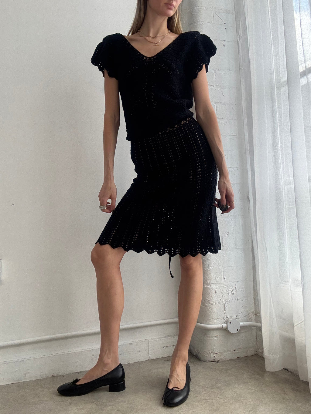 Vintage black crochet knit midi dress - Size S/M