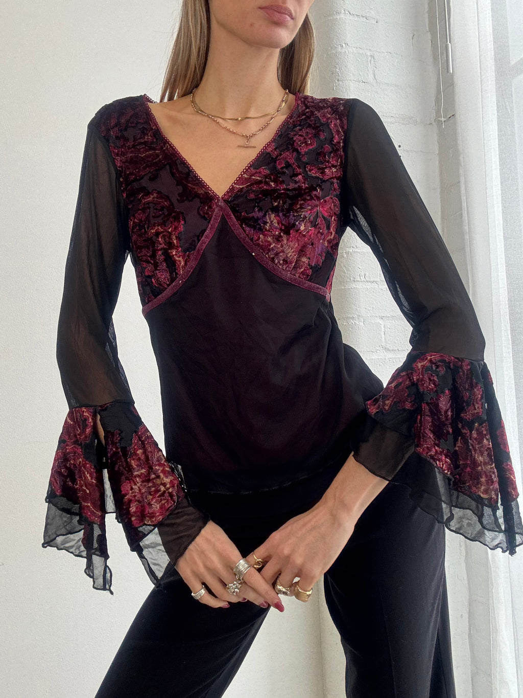 Vintage Y2K black & burgundy lace mesh top