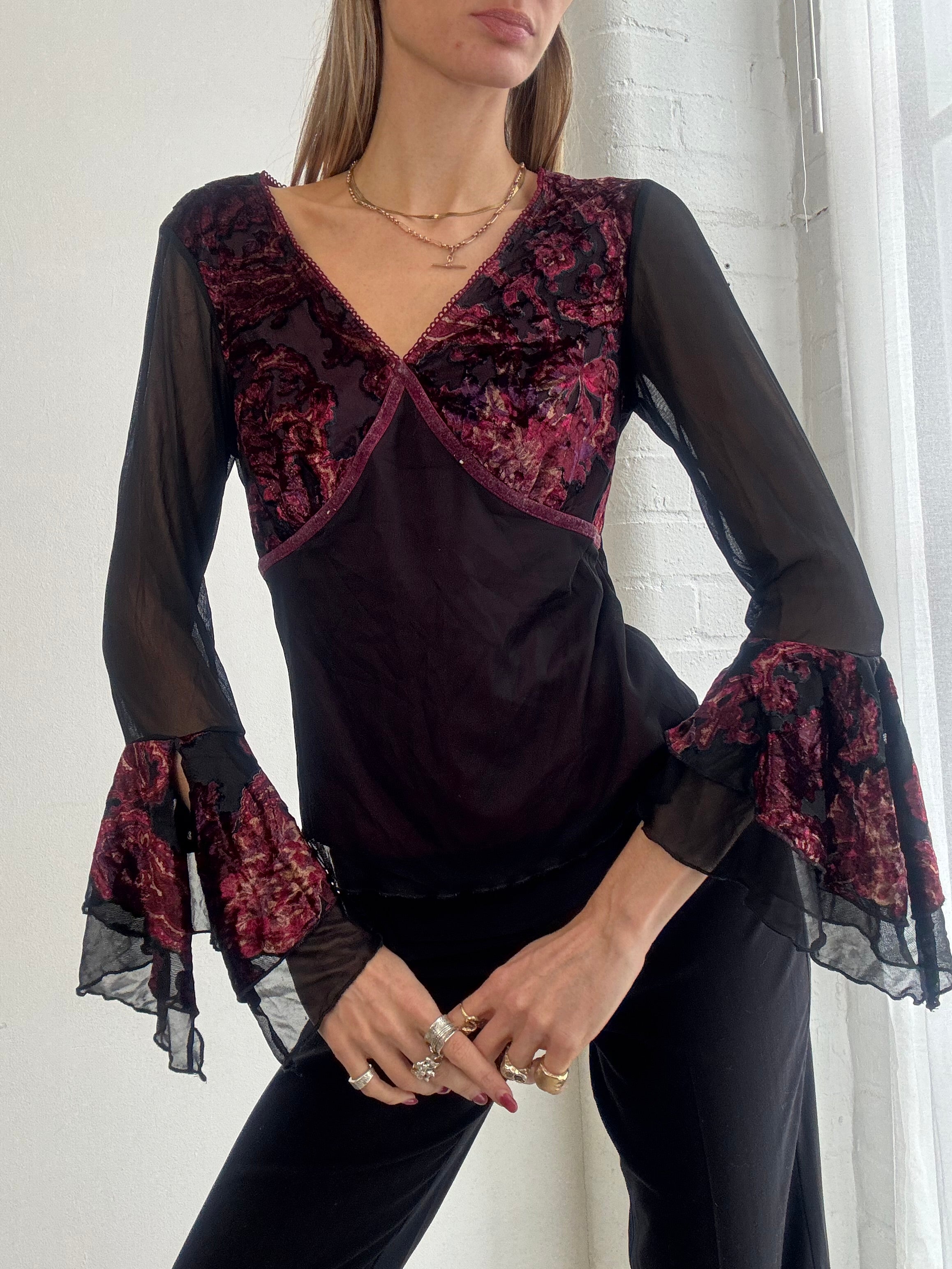 Vintage Y2K black & burgundy lace mesh top