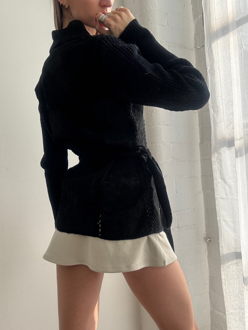 Vintage Black Suede & Crochet Patchwork Jacket Belted