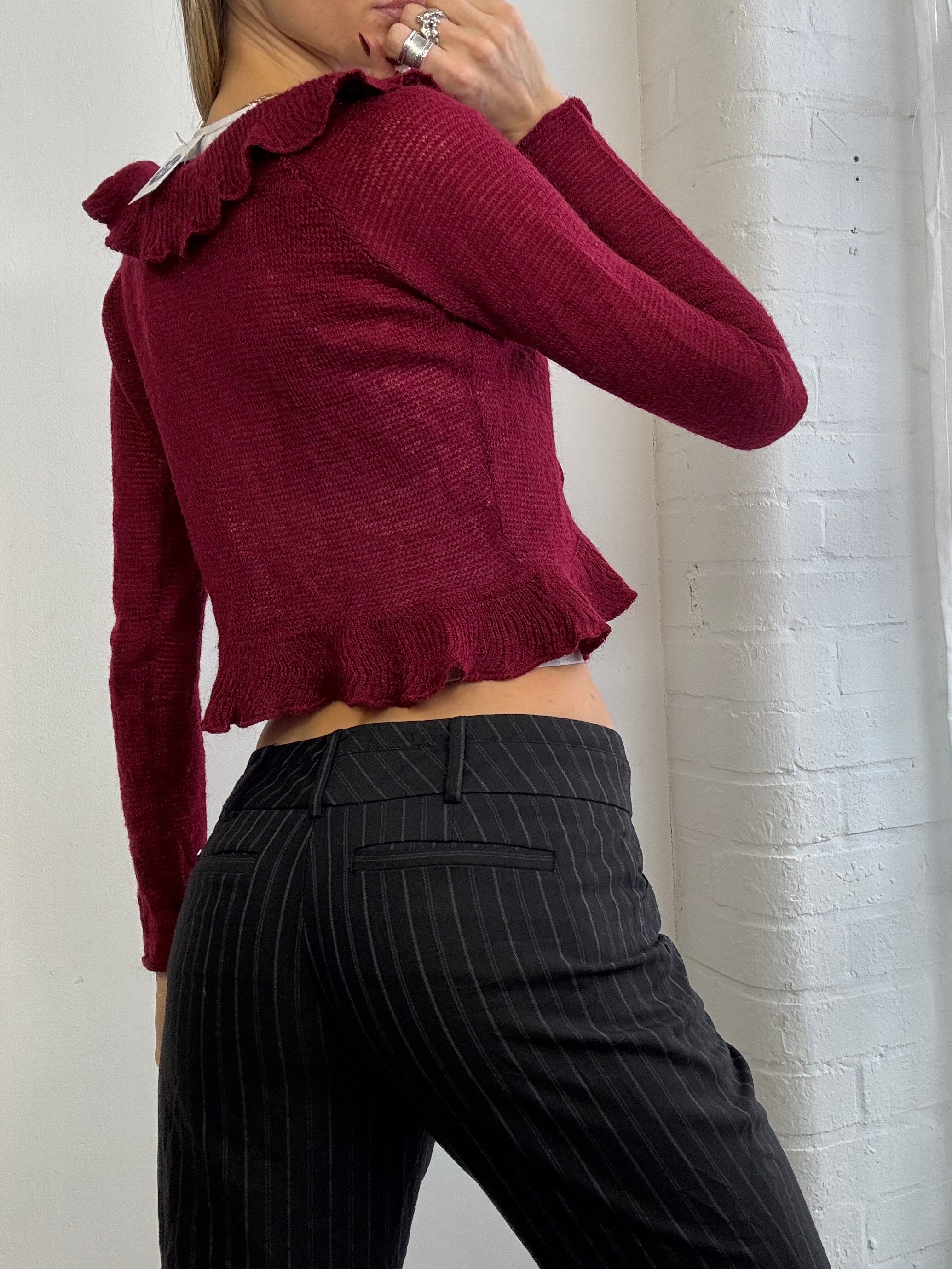 Vintage Y2K burgundy mohair wool ruffle cardigan