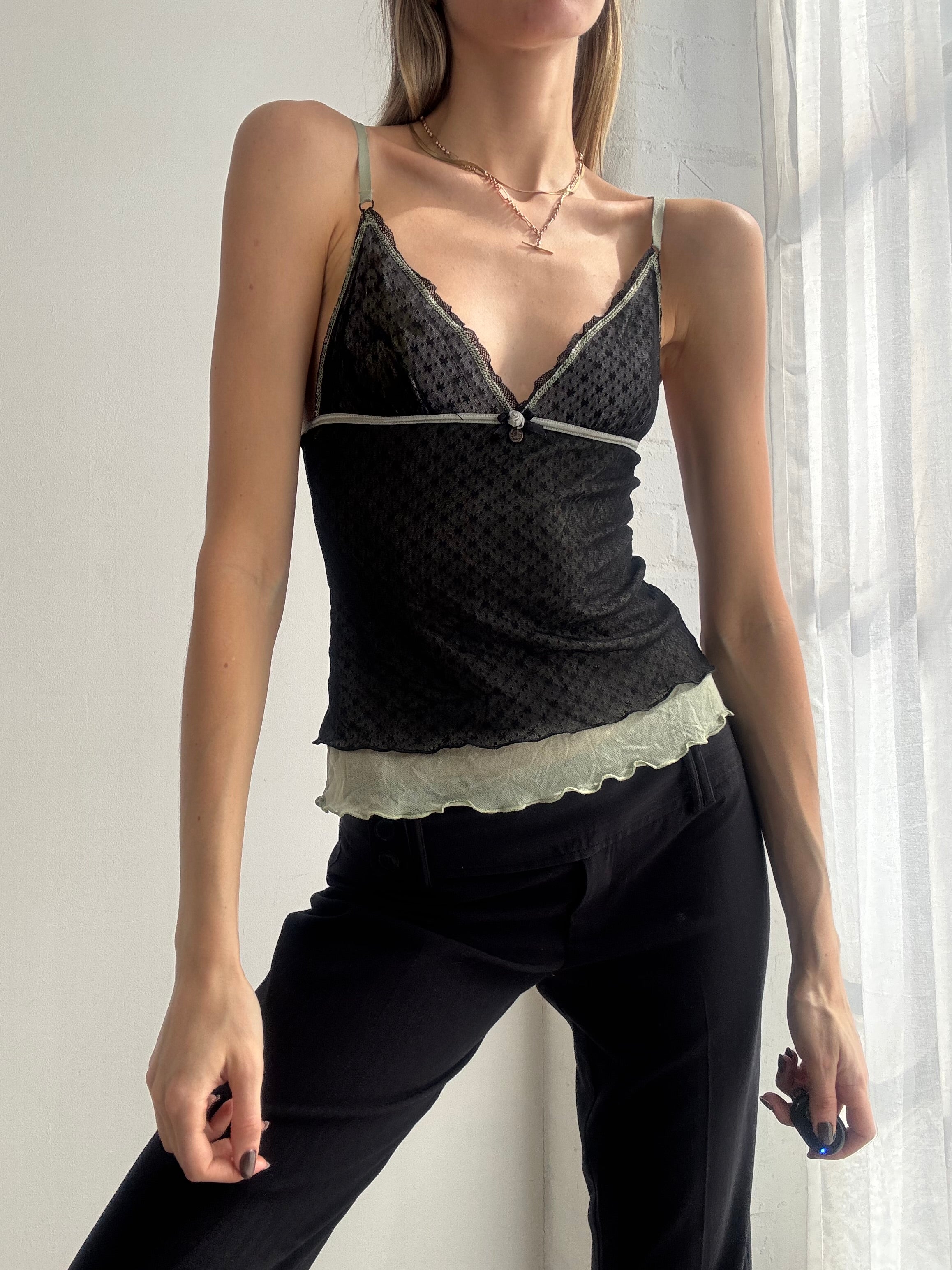 Vintage Y2K black mesh cami with contrast lace trim