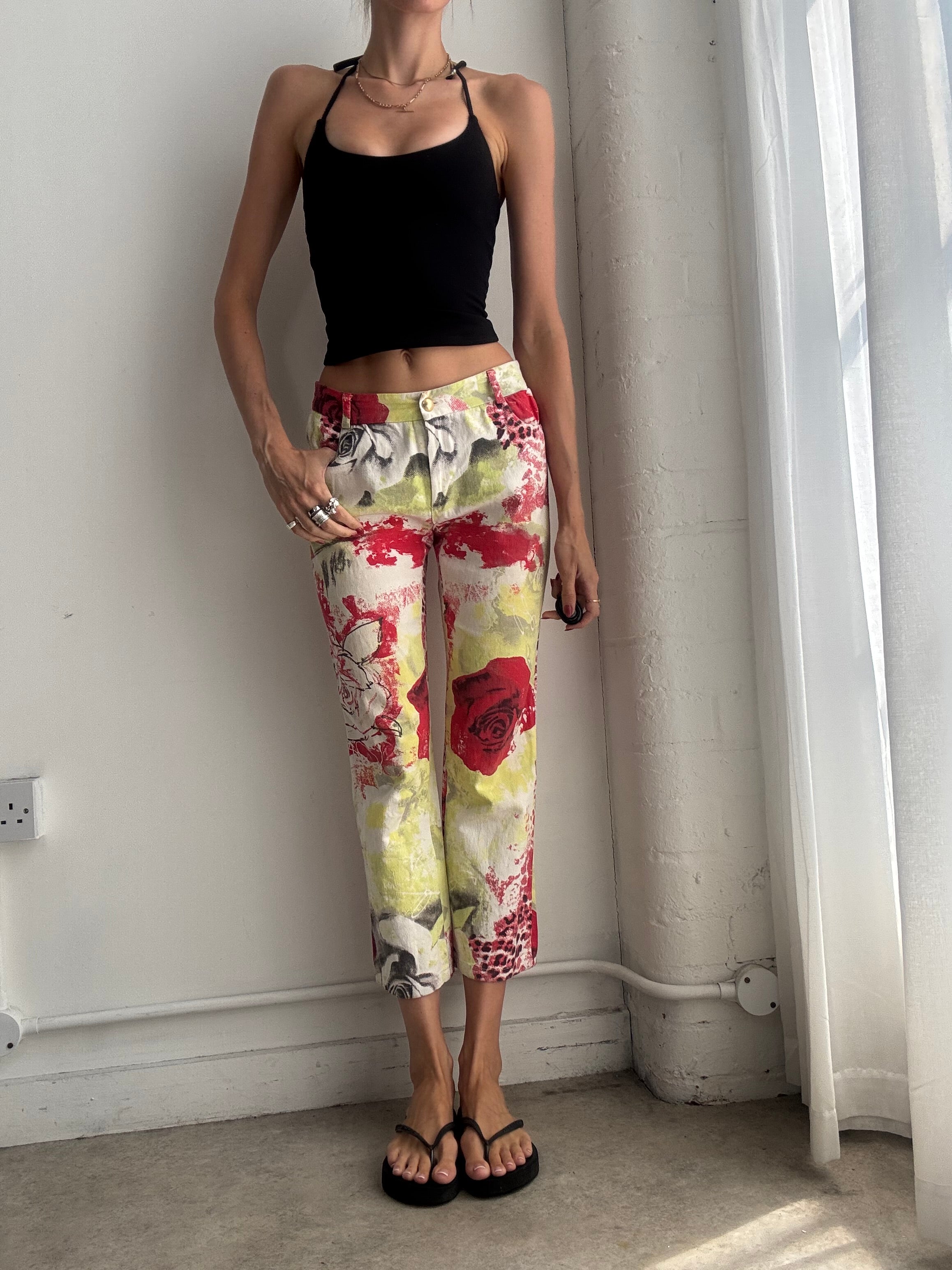 Vintage Y2K Floral Capri Trousers – Low Rise Rose Print Pants - Size XS