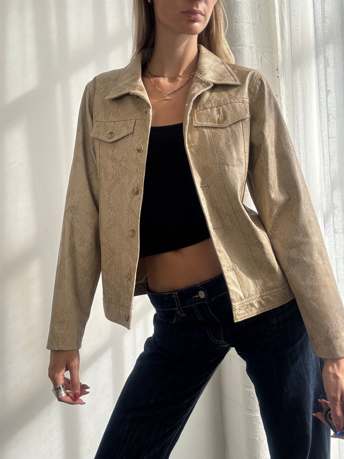 Vintage Y2K Beige Snake Print Faux Leather Jacket - Size S