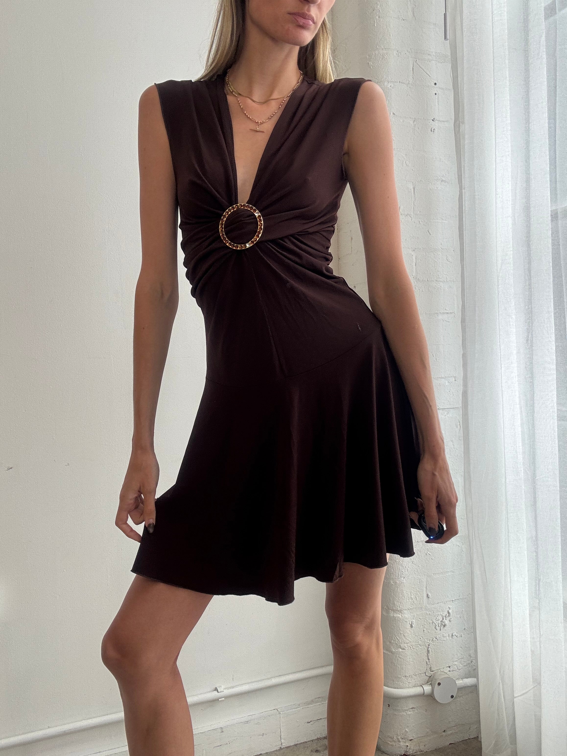 Vintage Y2K chocolate brown o-ring detail mini dress - Size XS-S