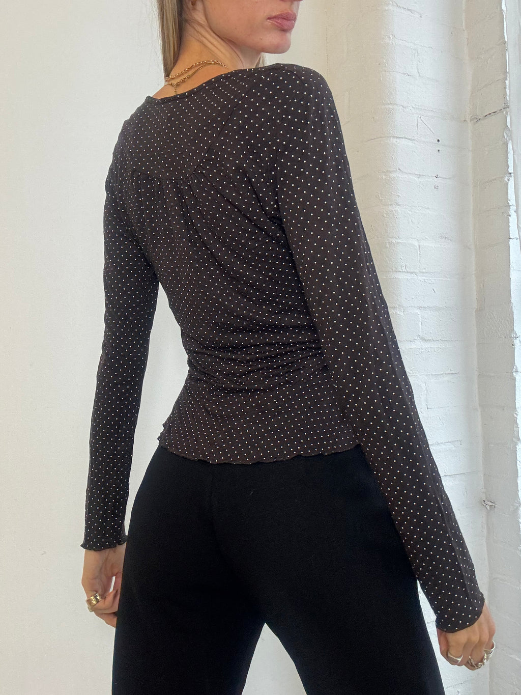 Vintage Y2K Chocolate Brown Polka Dot Wrap Peplum Top - Size S/M