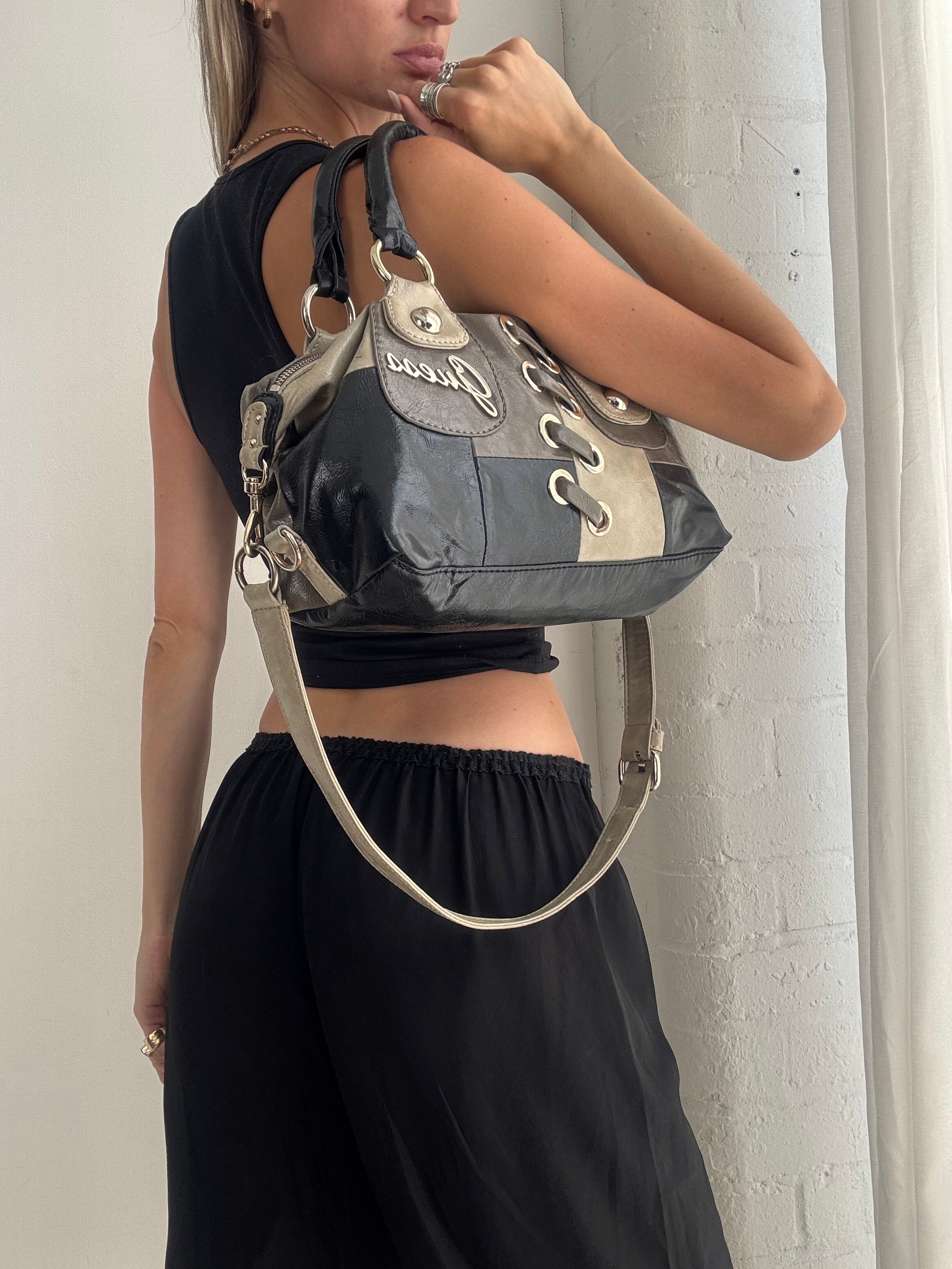 Vintage Y2K Guess Leather Shoulder Bag – Black & Cream Lace-Up Satchel with Crossbody Strap
