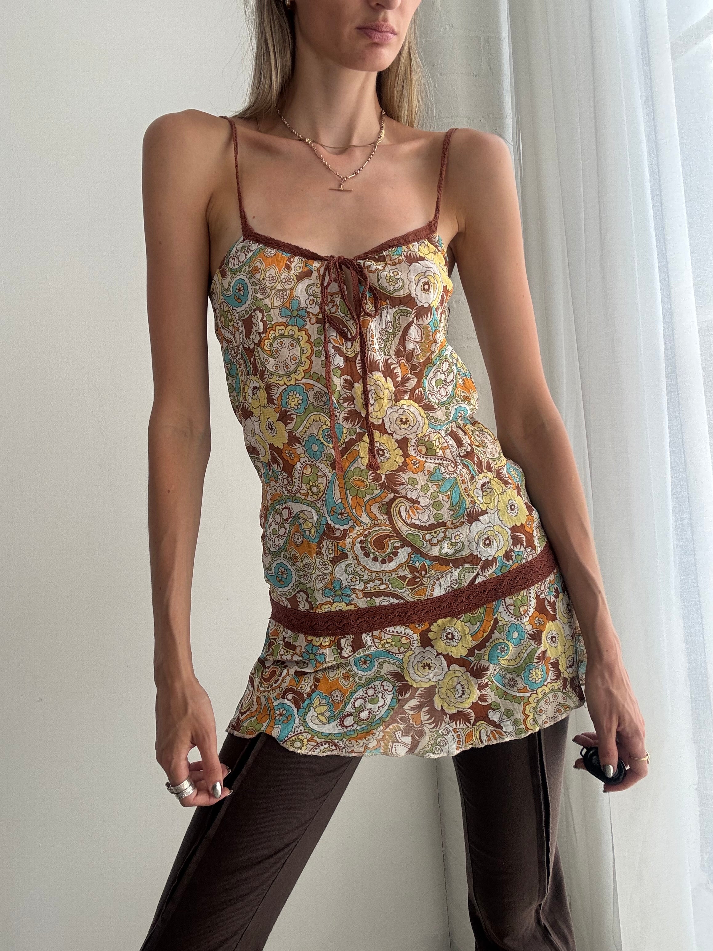Vintage Y2K Paisley Floral Cami Top / Mini Dress  – Lace Trim - Size S
