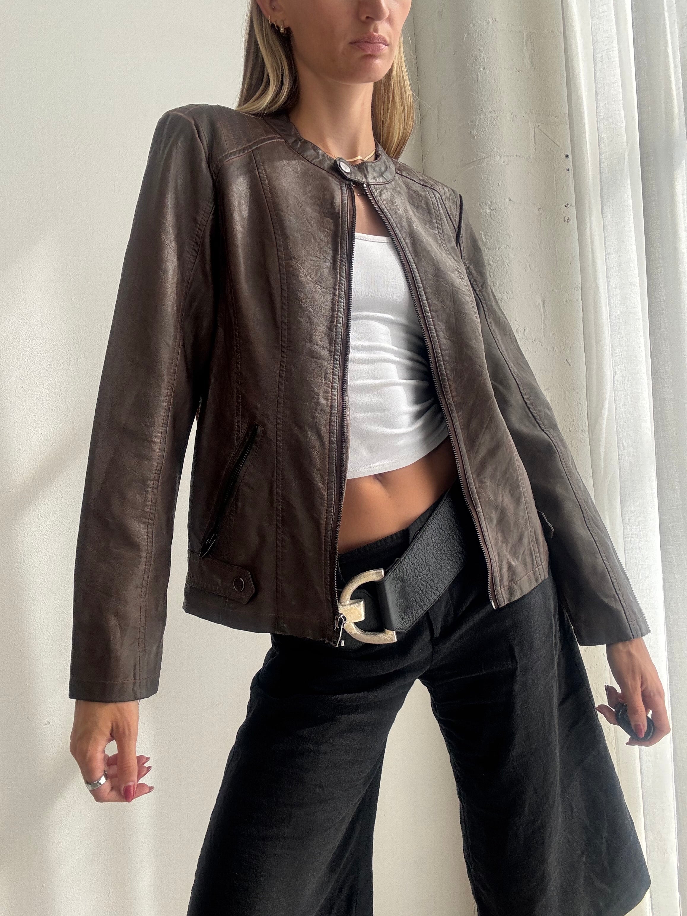 Vintage Y2K Chocolate Brown Faux Leather Biker Jacket - Size M