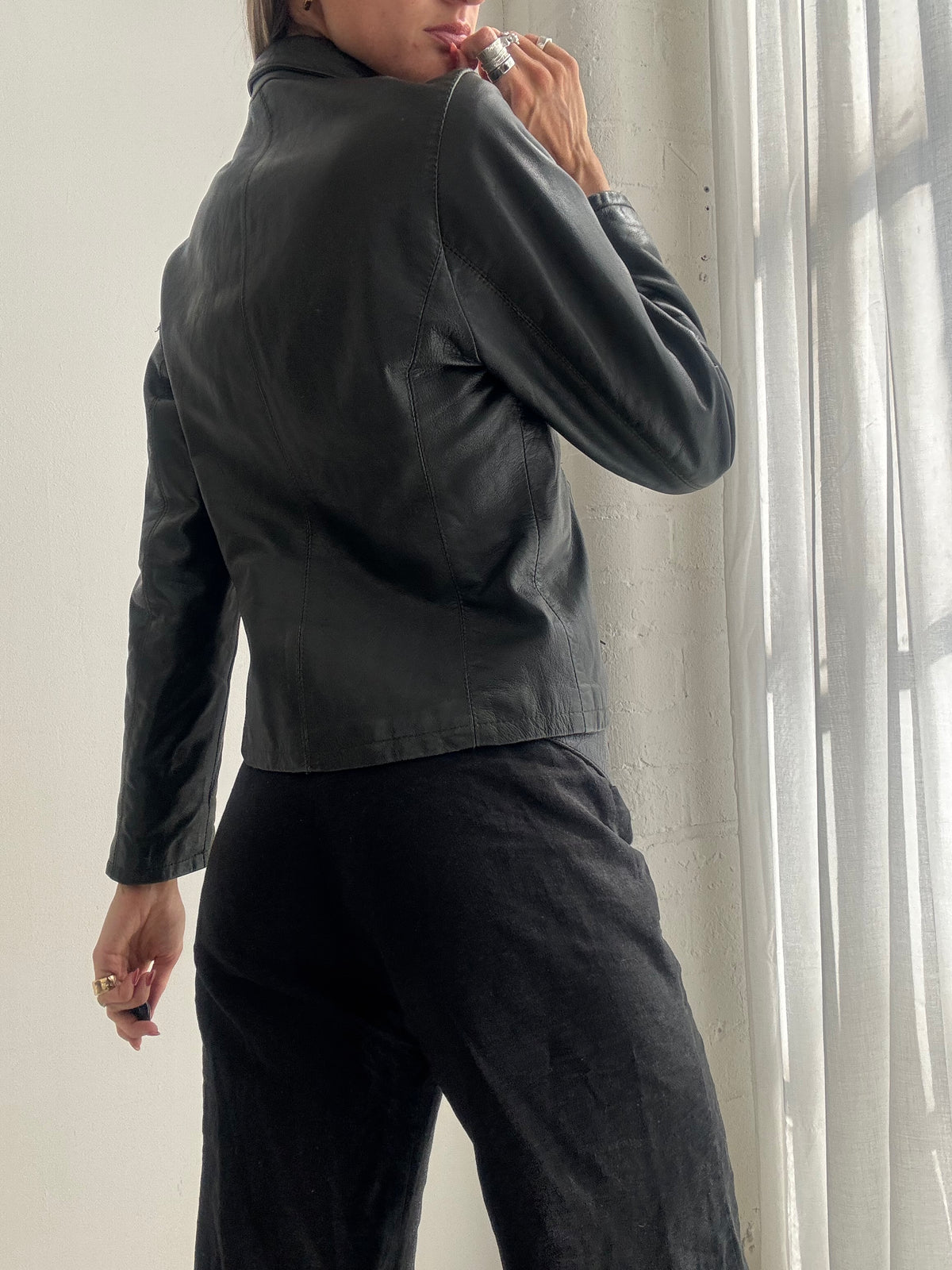 Vintage 90s Dark Green Leather Minimalist Jacket - Size S