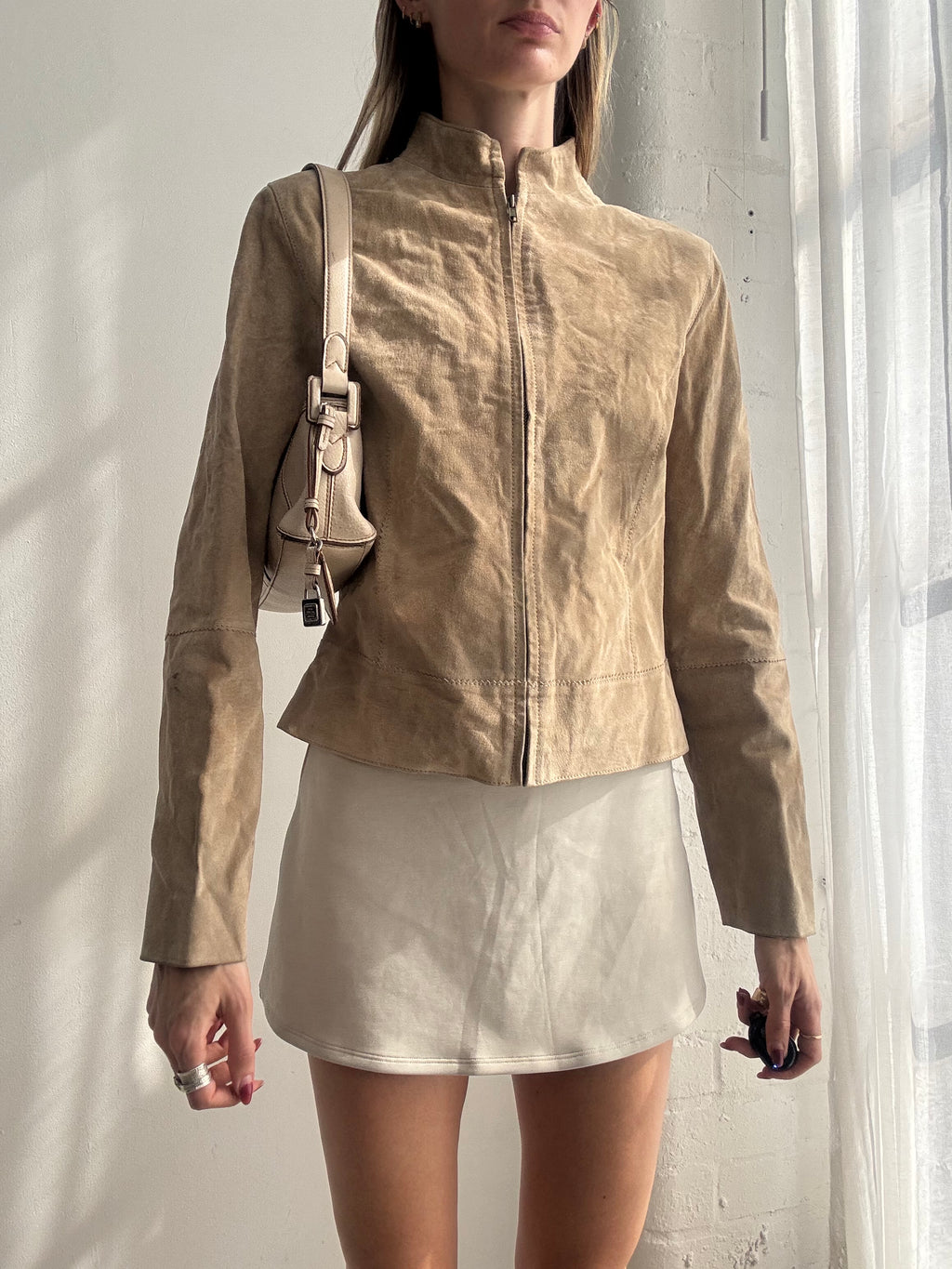 Vintage Y2K tan suede zip-up biker jacket