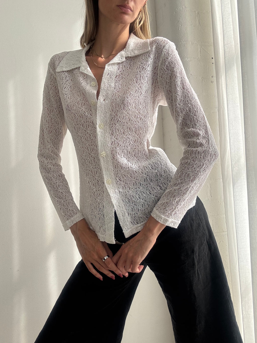 Vintage Y2K White Sheer Lace Button-Up Blouse - Size S
