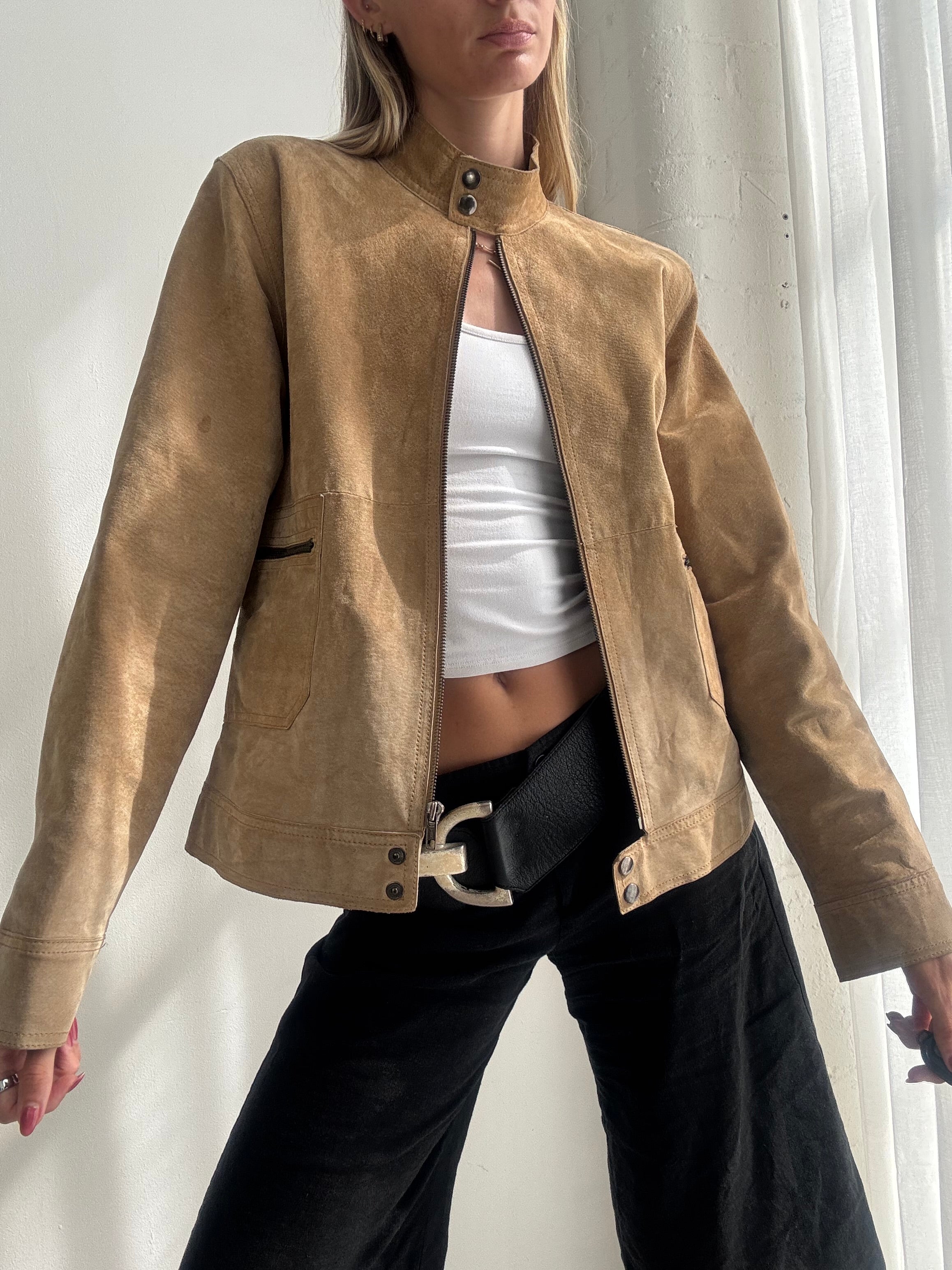 Vintage Y2K Tan Suede Biker Jacket - Size M/L