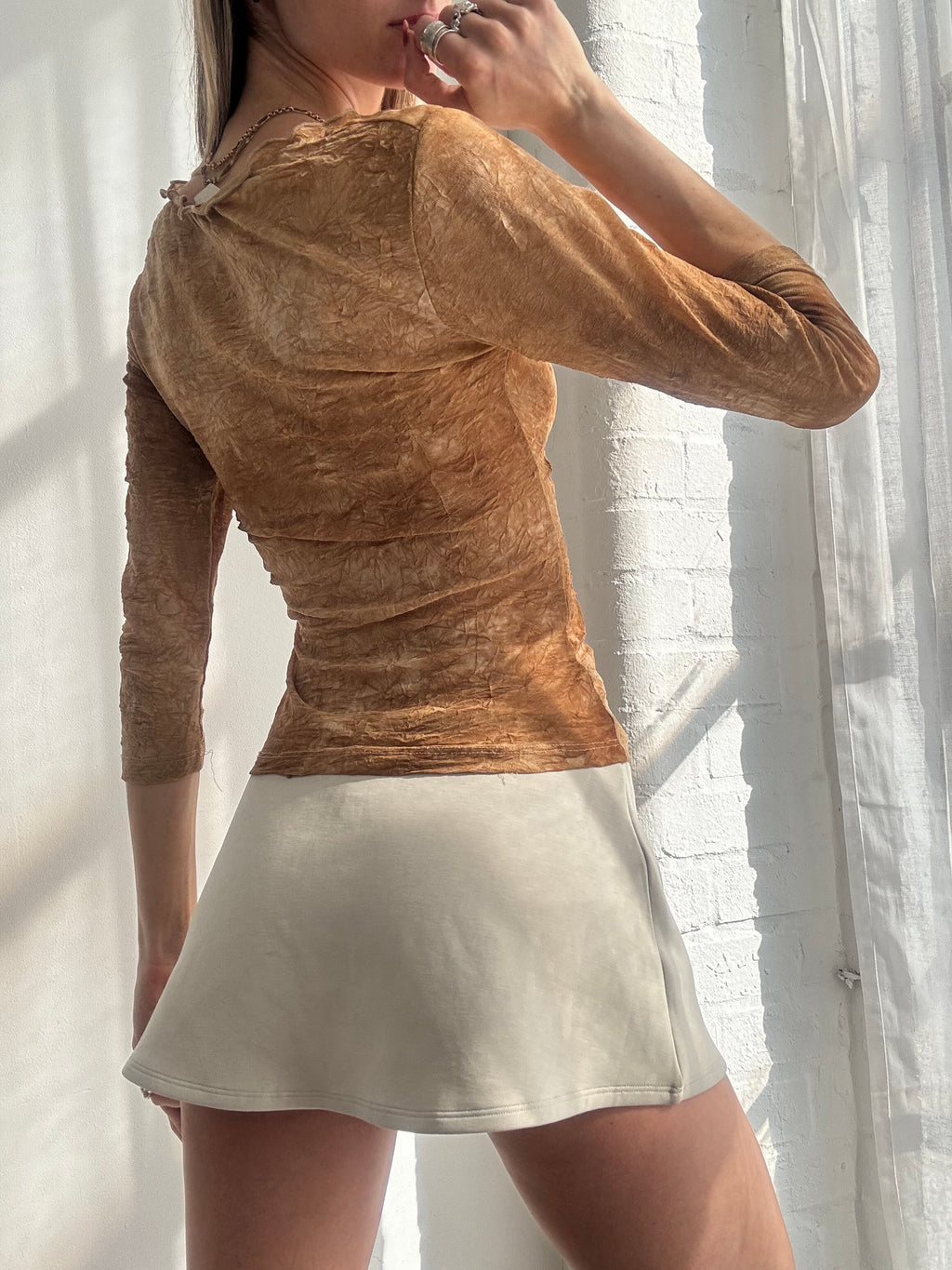 Vintage Y2K brown ruched ruffle mesh long sleeve top