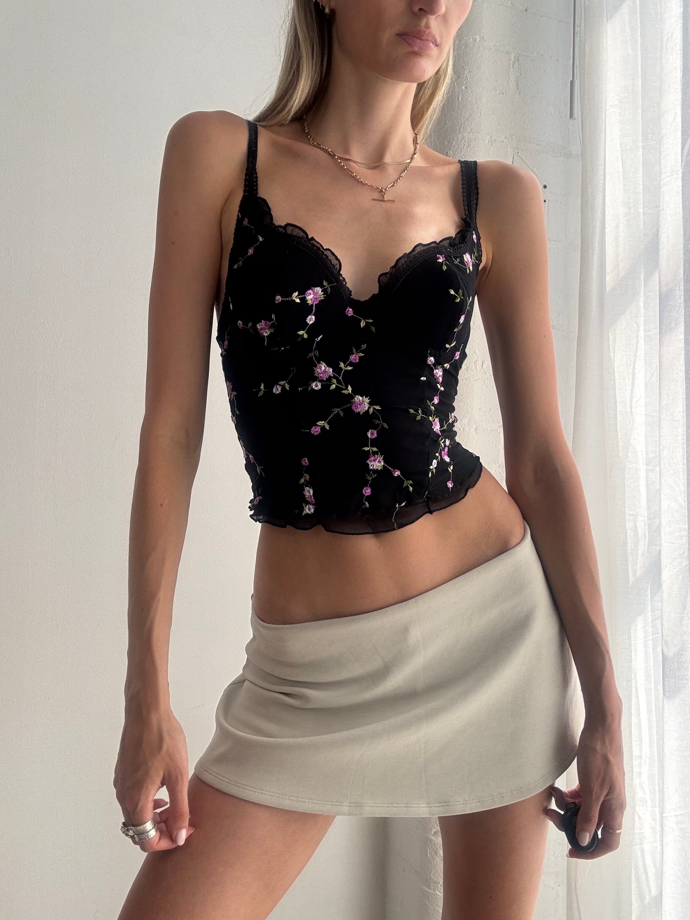 Vintage Y2K Black Floral Embroidered Cami Corset Top Fairy Grunge Coquette - Size XS/S