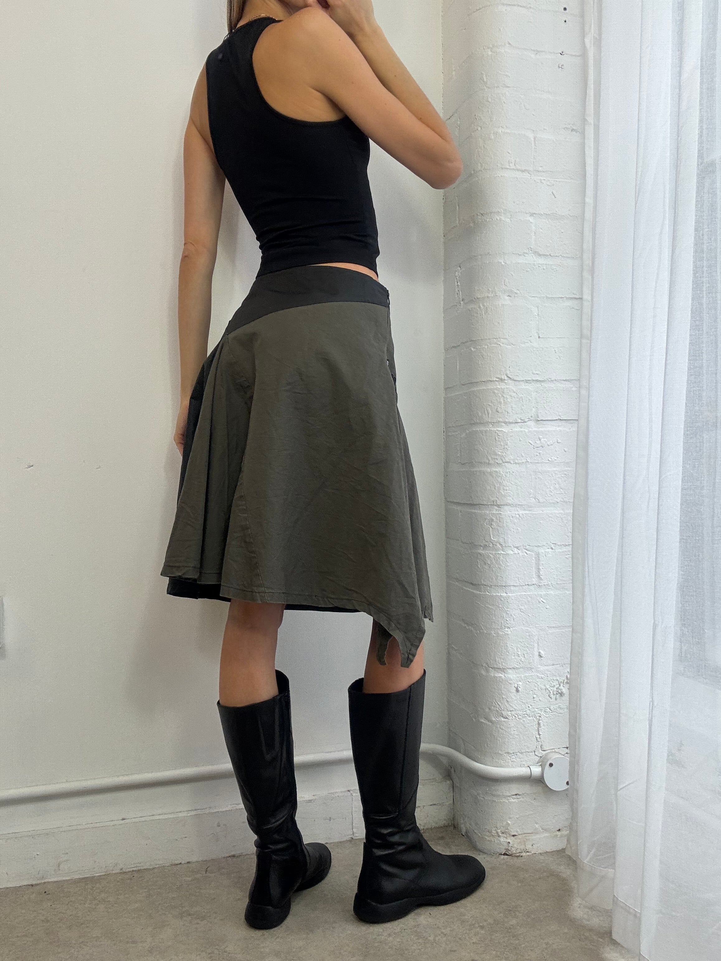 Vintage Y2K khaki green & black asymmetric midi skirt