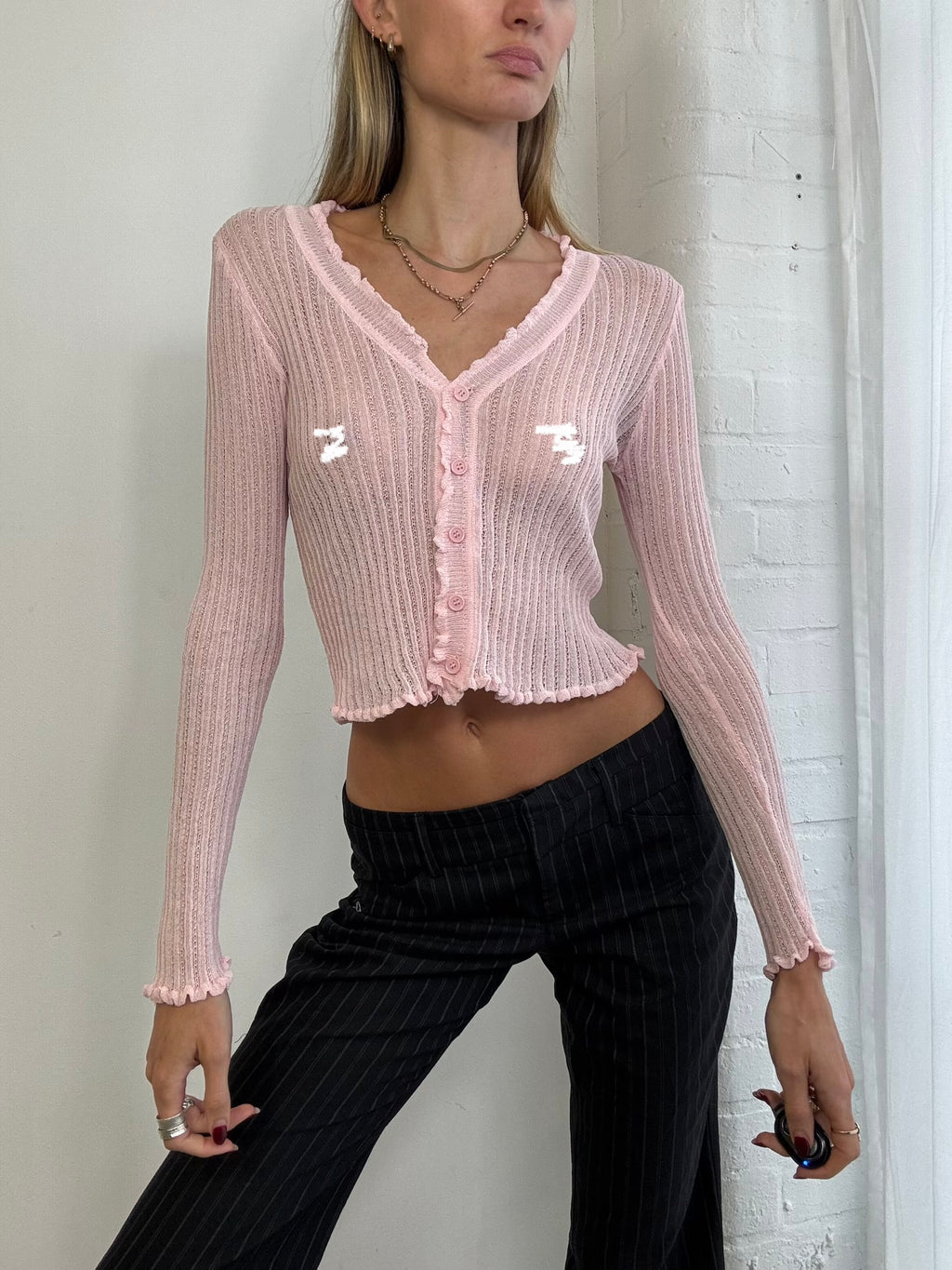 Vintage 90s sheer baby pink ruffle cardigan