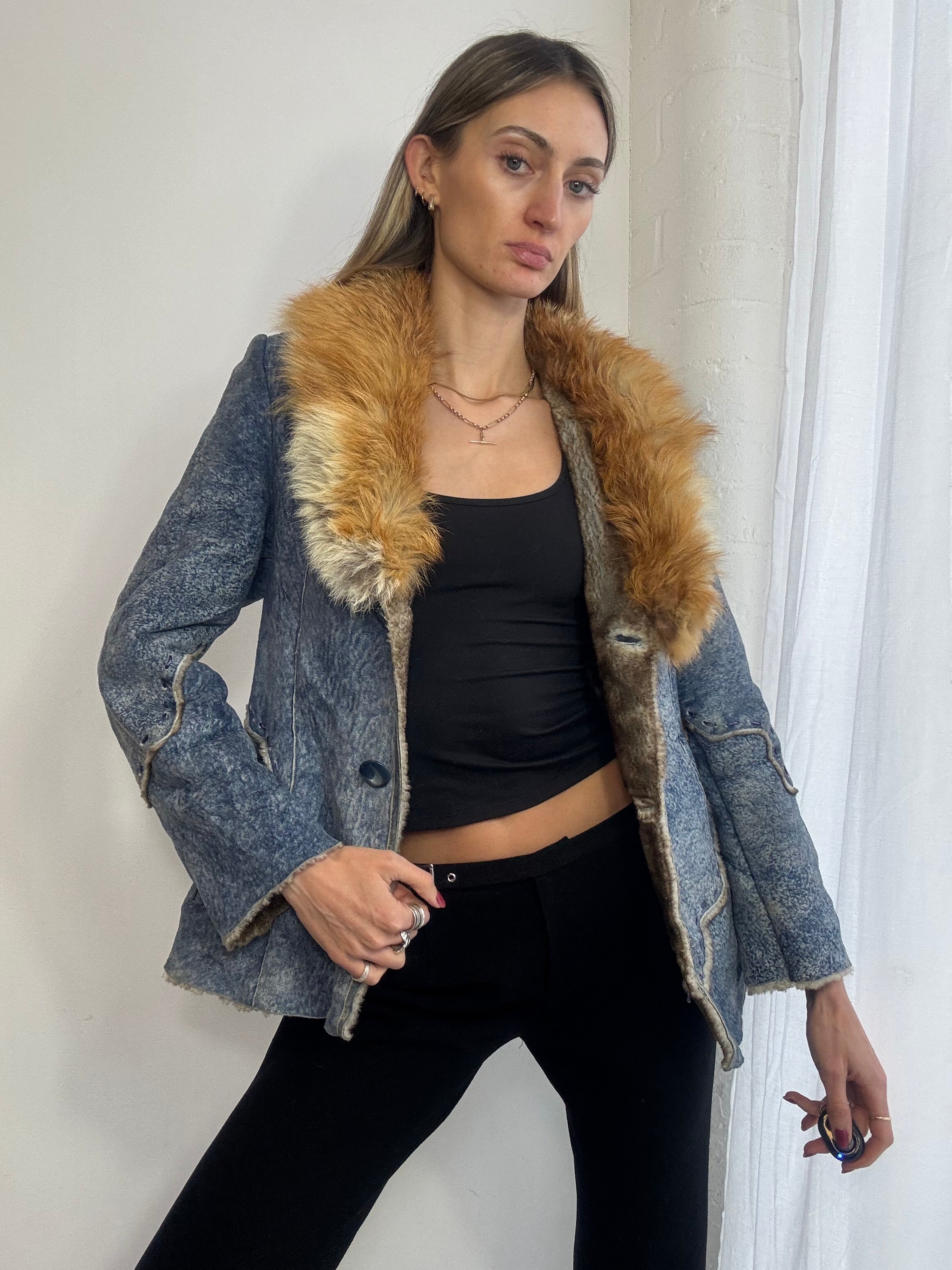Vintage Y2K blue suede jacket fox fur trim