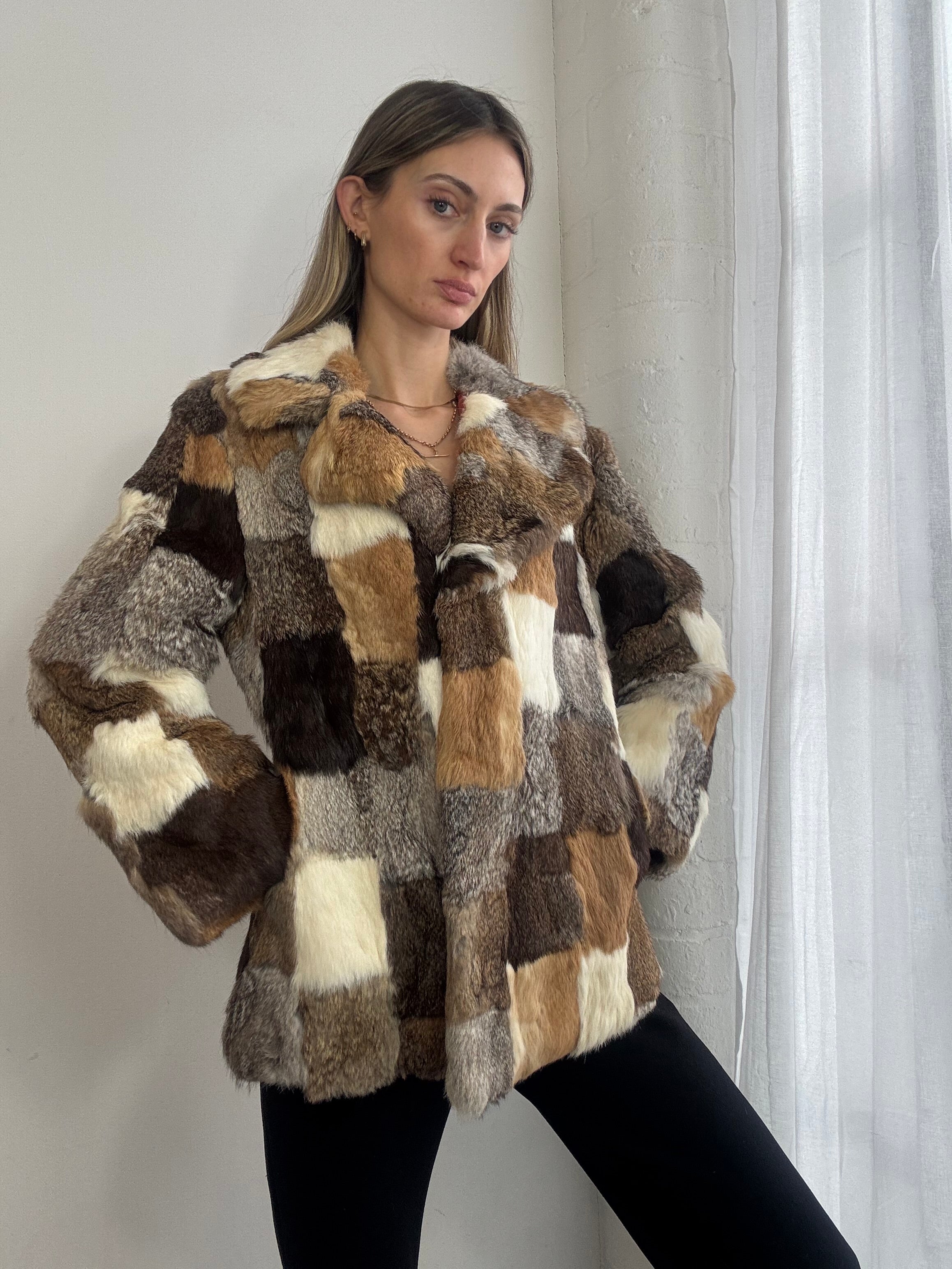 Vintage 90s patchwork rabbit fur coat