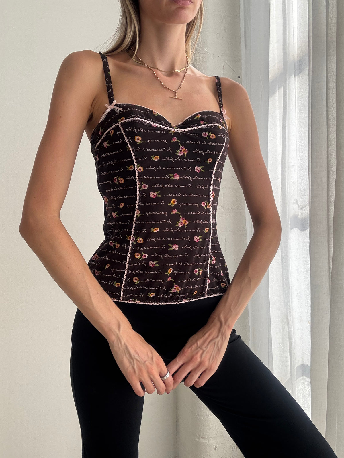 Vintage Y2K Brown Floral Corset Cami Top - Size S