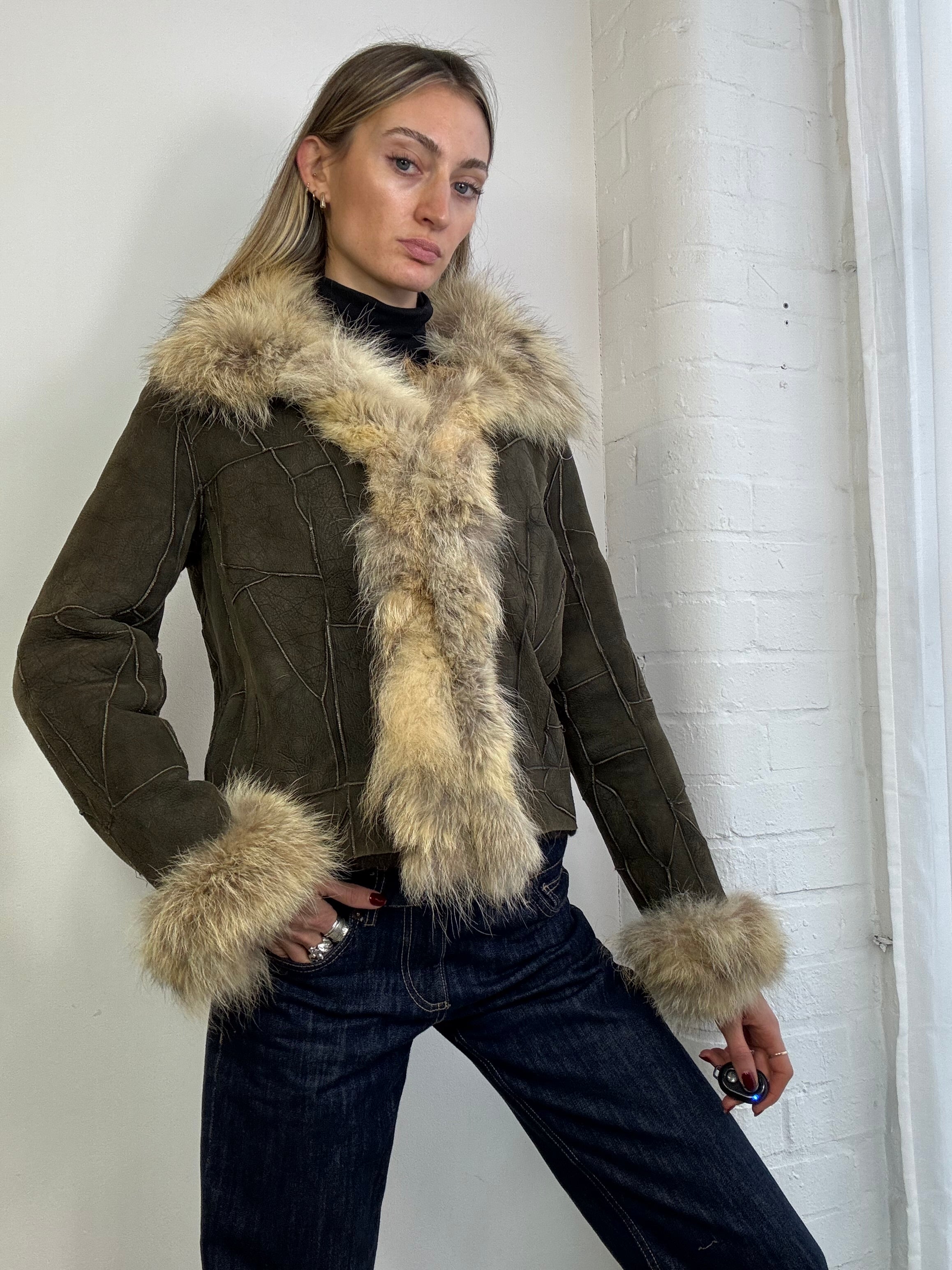 Vintage Y2K patchwork suede jacket with fox fur trim