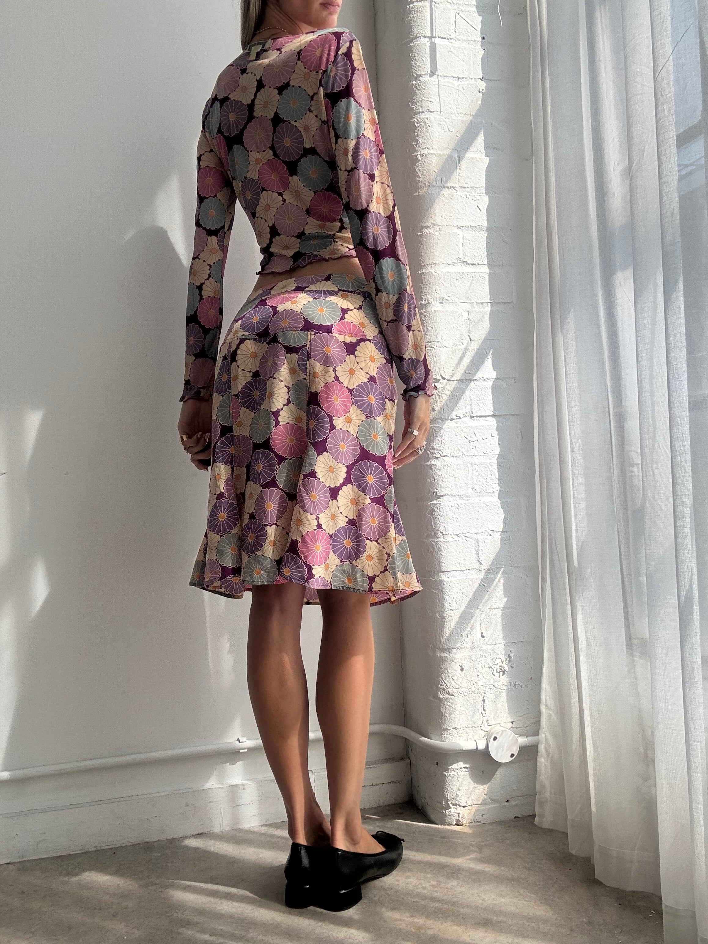 Vintage Y2K Silk Floral Two Piece Skirt & Top Set - Size M