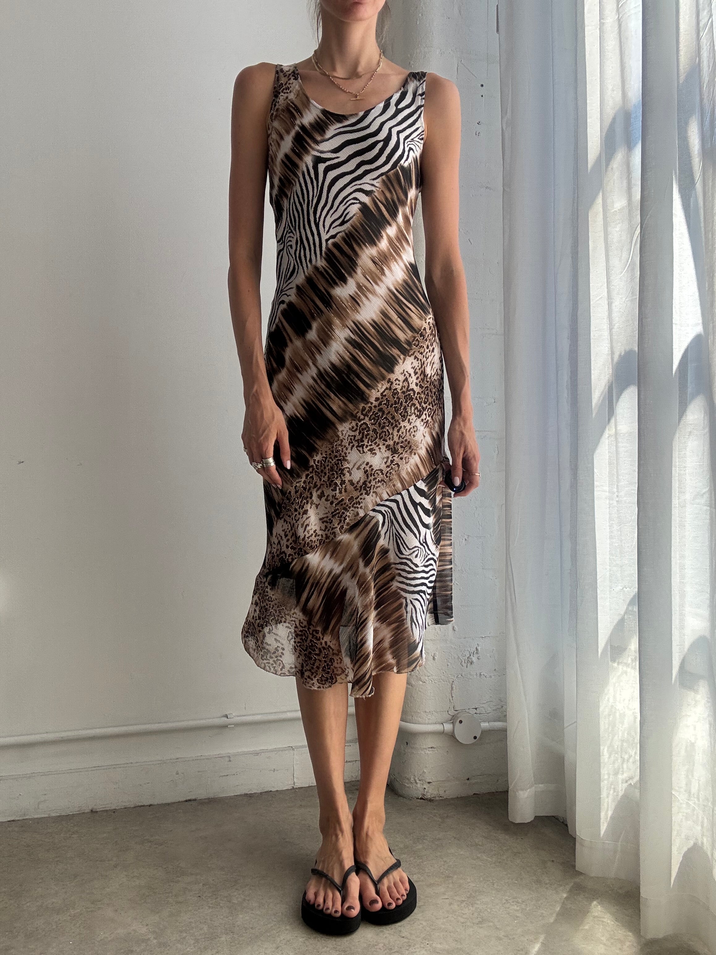 Vintage Animal Print Mesh Midi Dress Y2K - Size S