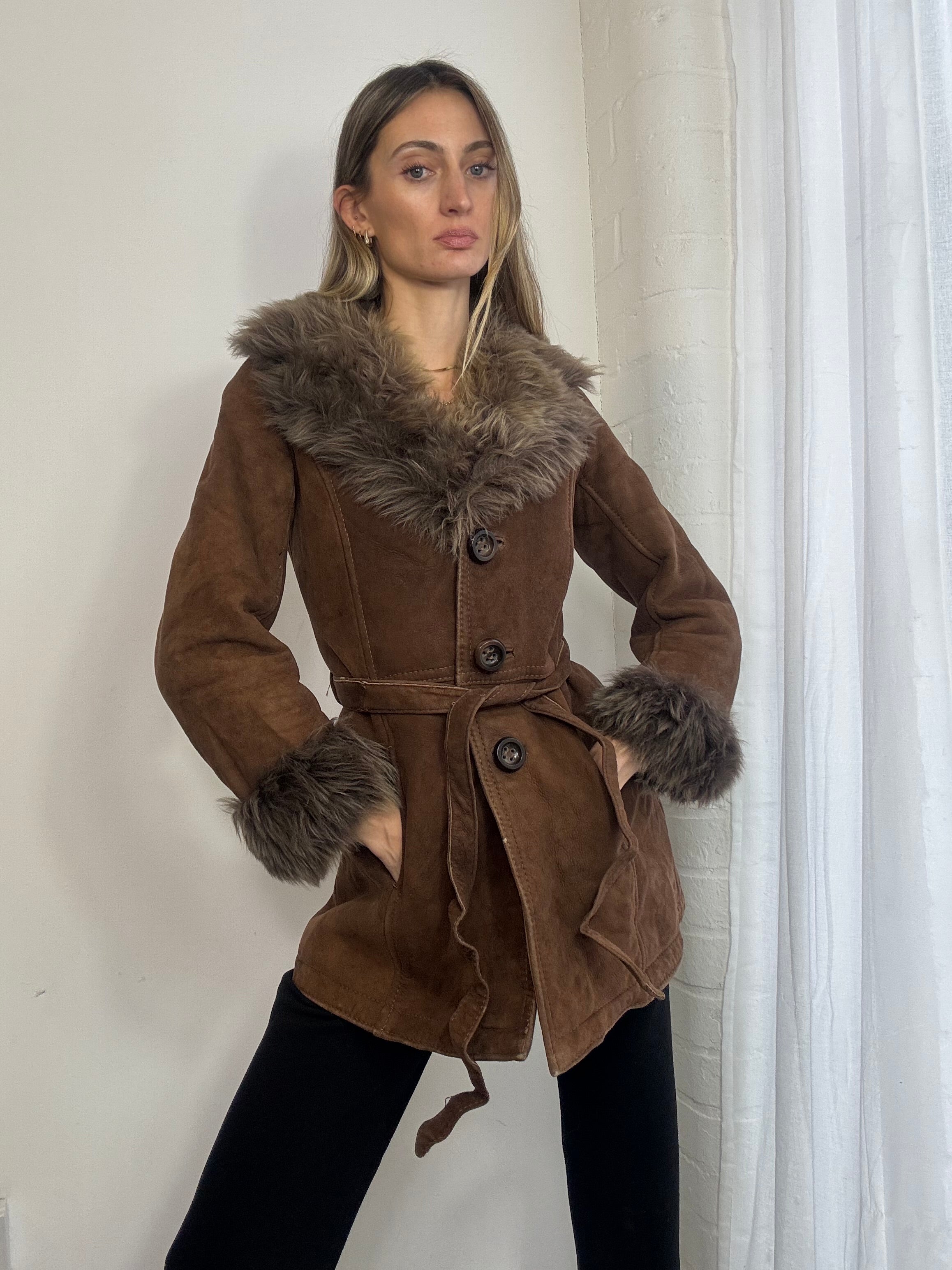 Vintage sheepskin suede coat brown
