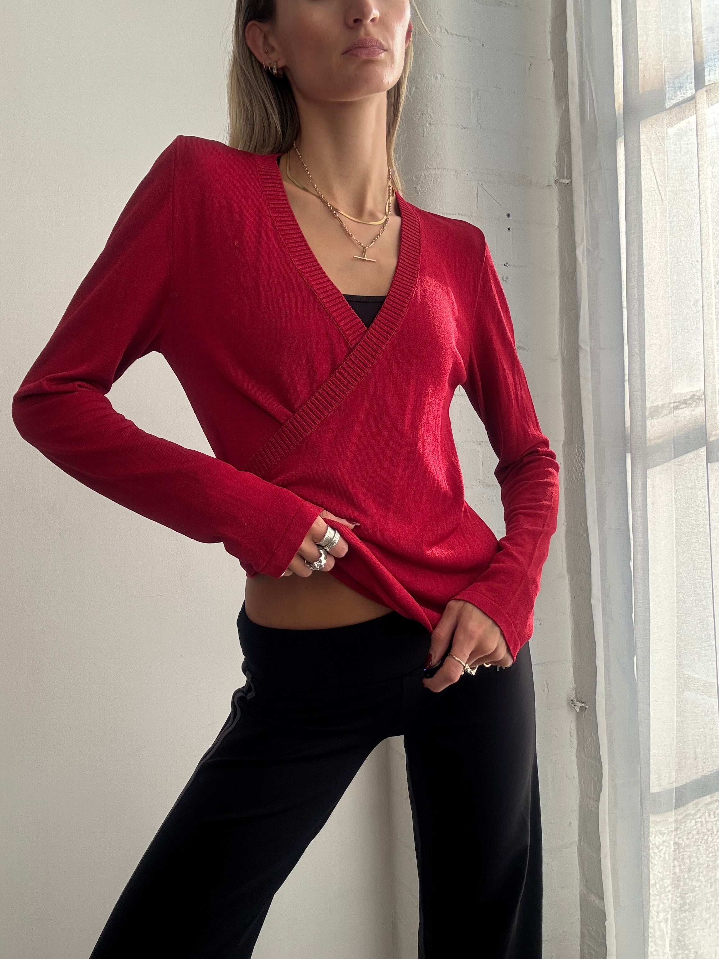 Vintage Y2K red knitted wrap jumper