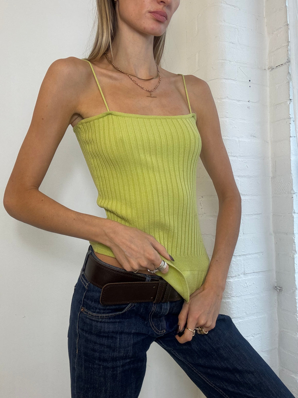 Vintage Y2K Lime Green Ribbed Knit Cami Top - Size S