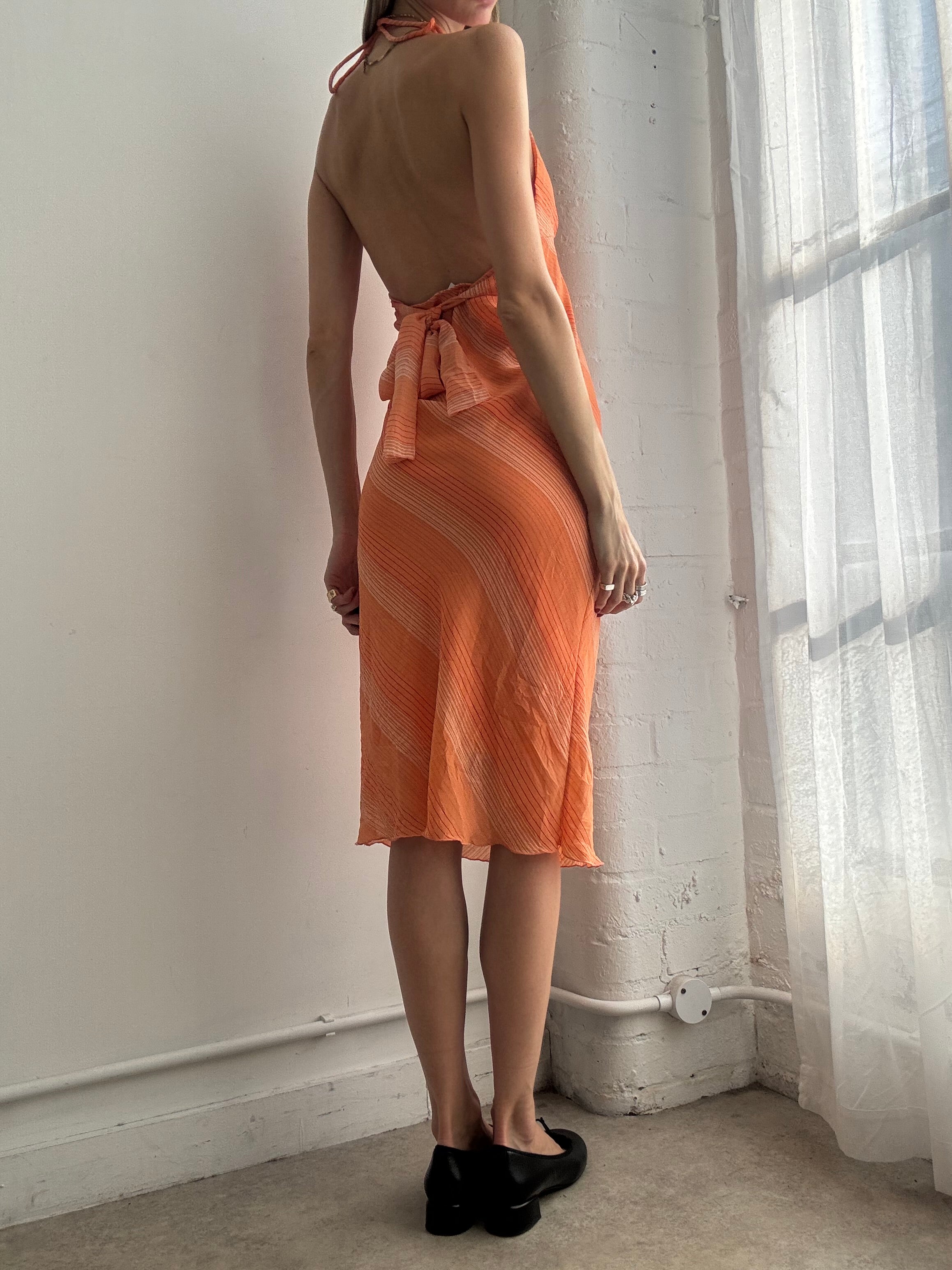 Vintage Y2k Orange Stripe Halter Neck Mesh Mid Dress Summer