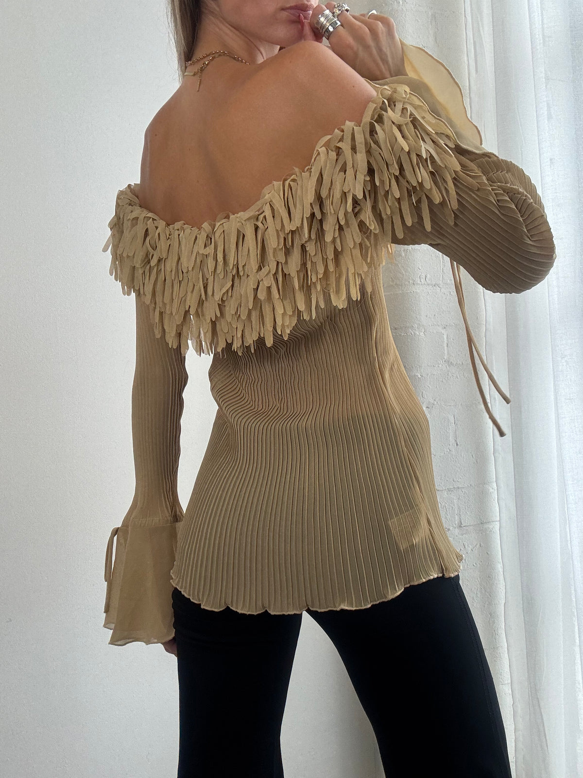 Vintage Y2K Beige Fringe Off Shoulder Bell Sleeve Mesh Top - Size L